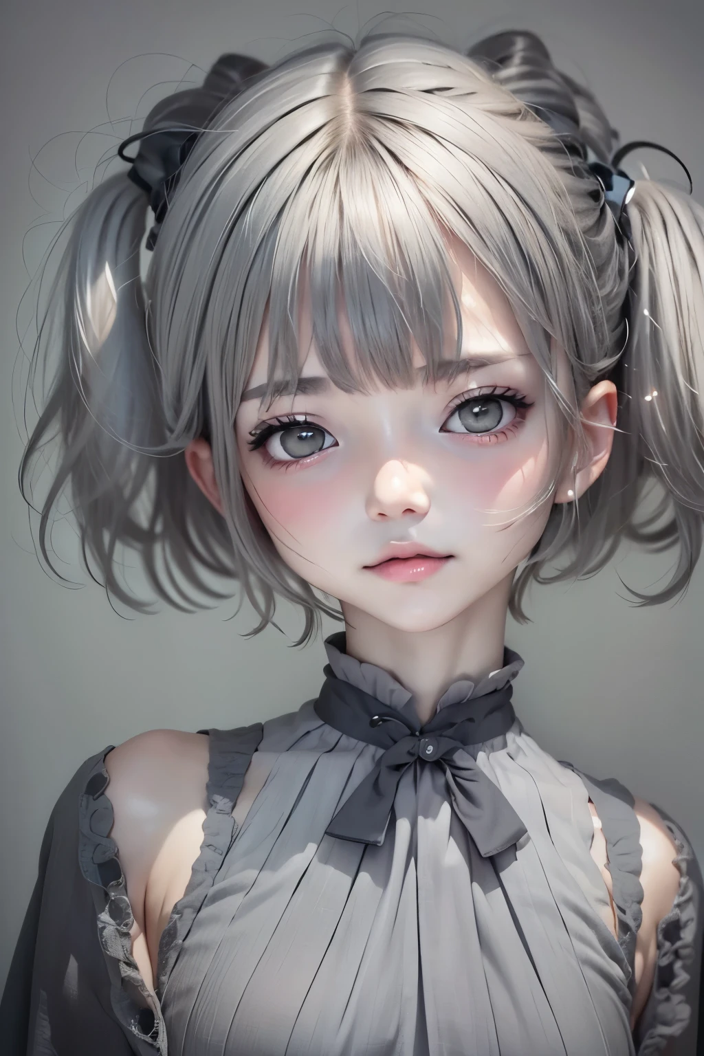 Digital portrait、Realistic depiction of the human body、RAW photo、((wallpaper 8k)), ((surreal)), ((Quality with attention to detail:1.2)), 1 girl, １４talent、kind eyes、plump lips、Ash gray hair、An ennui look、(((small breasts、small breasts)))、 Incredible color grading,black classy dress,Black capelet, look up, Widespread poverty, (((short cut hair、short hair twintails、Ash gray hair:1.5)))、white skin