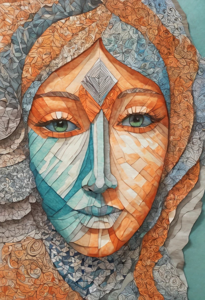 Origami, zentangle, face pottraits, soft tone color, orange, blue, green, gray, brown,
