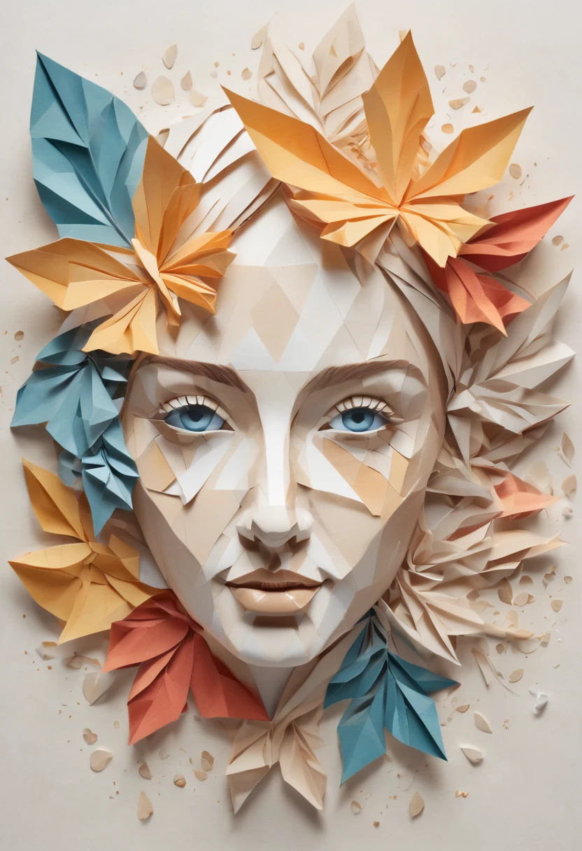 (best quality, highres:1.2),ultra-detailed,realistic,photorealistic:1.37, bright lighting, bokeh, detailed origami sculptures and patterns, intricate zentangle designs, gentle brush strokes, delicate lines, fine details, textured paper, vibrant and harmonious color palette, subtle shading, tranquil and serene atmosphere, natural elements such as flowers and leaves, graceful and expressive facial features, elegant and peaceful expressions, intricate facial patterns, rich and varied textures, lifelike eyes with beautiful reflections, realistic shadows, soft and inviting tones, subtle gradients, intricate folds and creases, careful attention to proportion and symmetry, skillful manipulation of light and shadow, the play of light on the paper, meticulous craftsmanship, artistic interpretation of emotions, captivating and engaging compositions, evocative and thought-provoking imagery, inviting and immersive experience.