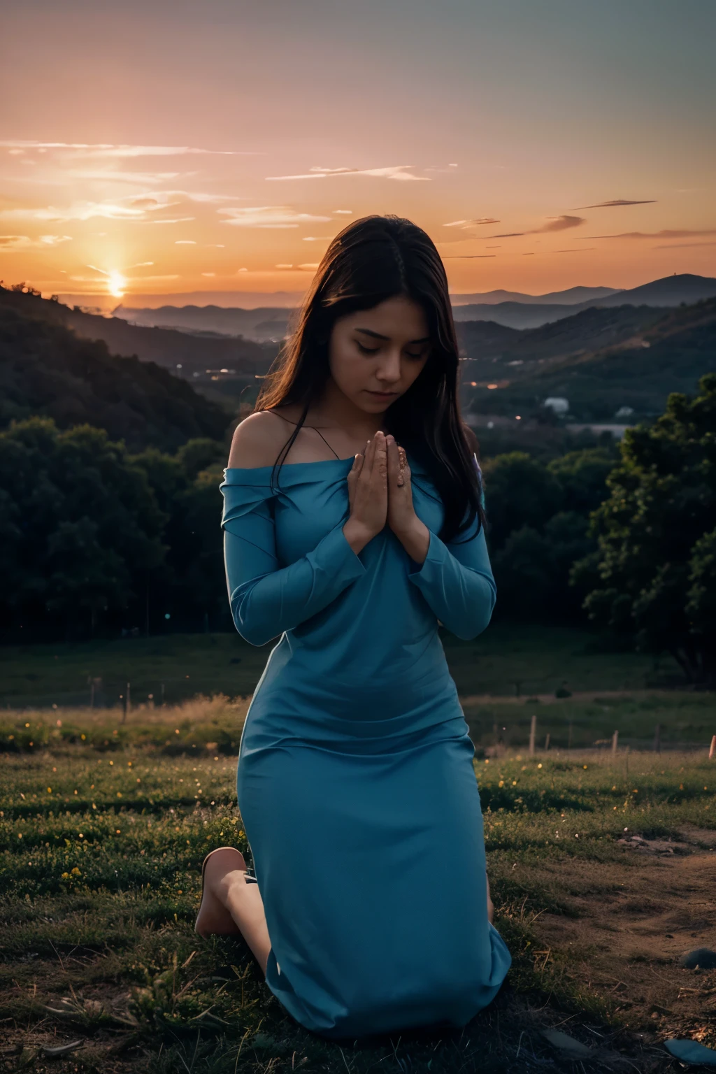 Develop an AI-powered image that portrays a genuinely emotional person, kneeling in prayer and gazing at the sky during a spectacular sunset. Ensure maximum quality, advanced levels of detail and a cinematic style that evokes a sense of serenity and transcendence.