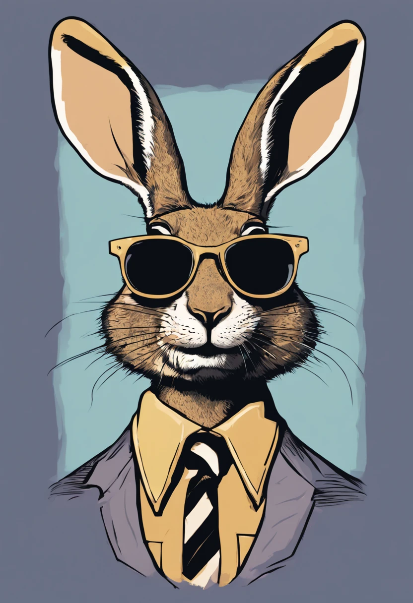 Illustrated jackrabbit headshot wearing sunglasses, with a contemplative and concerned expression on his face