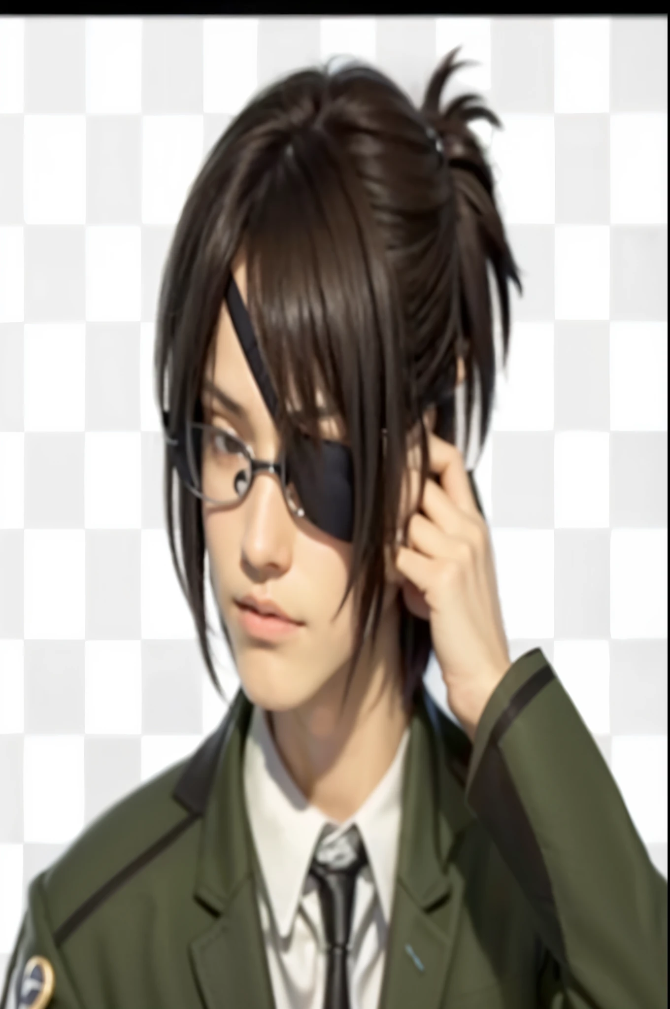 anime boy with glasses and tie holding a cell phone to his ear, makoto, he wears an eyepatch, shinkai makoto, eyepatch, wearing an eyepatch, european