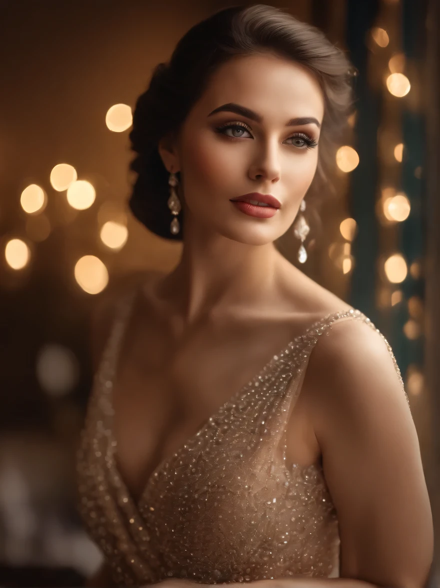 masterpiece, high quality, (professional photo of a beautiful woman), wearing a formal dress, diamond necklace, model photoshoot, (bokeh), sharp focus, soft studio lighting, detailed face, realistic skin texture, photorealistic, ultra hd, sharp details