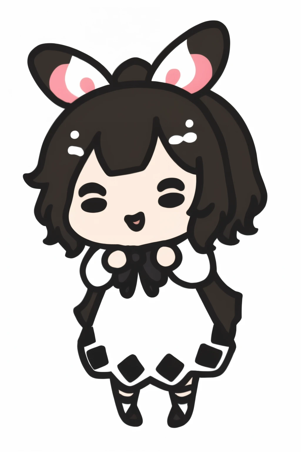 1 girl, alone, Uruharusia, Virtual YouTuber, bun, twice as good, White background, black hair, skirt, black eyes, long sleeves, hair accessories,，whole body, , skull hair accessories, Smile, Keep your mouth shut, blush,Princess dress, black footwear, black shirt, sock, Bangs, short hair,  decorate, puffy sleeves, permanent, ribbon, Mary Jane shoes