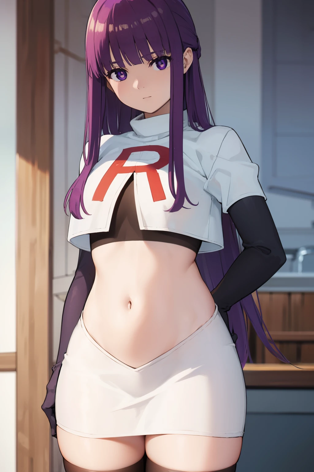 fern, fern, long hair, bangs, (purple eyes:1.1), purple hair, sidelocks, blunt bangs, (bright pupils:1.5),
BREAK team rocket,team rocket uniform,white skirt,crop top,black thigh-highs,black elbow gloves,
BREAK looking at viewer, (cowboy shot:1.5),
BREAK (masterpiece:1.2), best quality, high resolution, unity 8k wallpaper, (illustration:0.8), (beautiful detailed eyes:1.6), extremely detailed face, perfect lighting, extremely detailed CG, (perfect hands, perfect ???????),