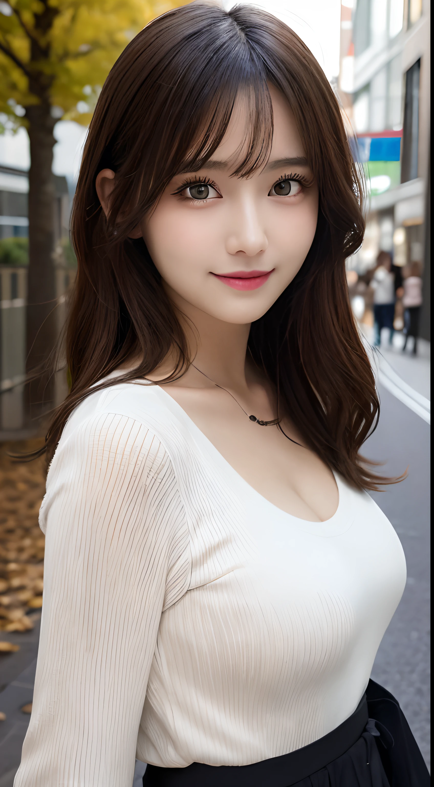 masutepiece, Best Quality, Illustration, Ultra-detailed, finely detail, hight resolution, 8K Wallpaper, Perfect dynamic composition, Beautiful detailed eyes, Women's Fashion Autumn,Medium Hair,small tits,Natural Color Lip, Bold  poses,Smile,Harajuku、20 years girl、Cute、Sexy shot looking at camera