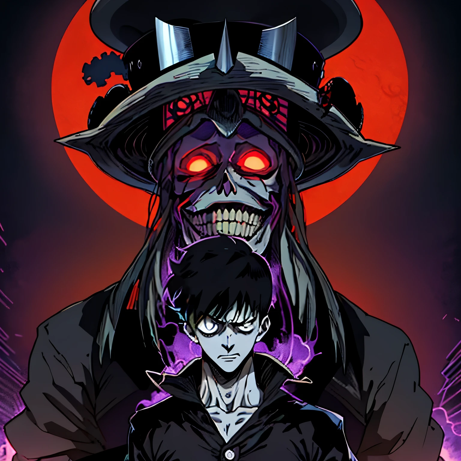 anime character with a skull and a hat on his head, junji ito 4 k, mob psycho 100, alien robot luffy, badass composition, hidari and vlop, epic anime style, tokyo ghoul, 8 0's horror anime, anime masterpiece, pixivs and junji ito, best anime 4k konachan wallpaper, tower of god
