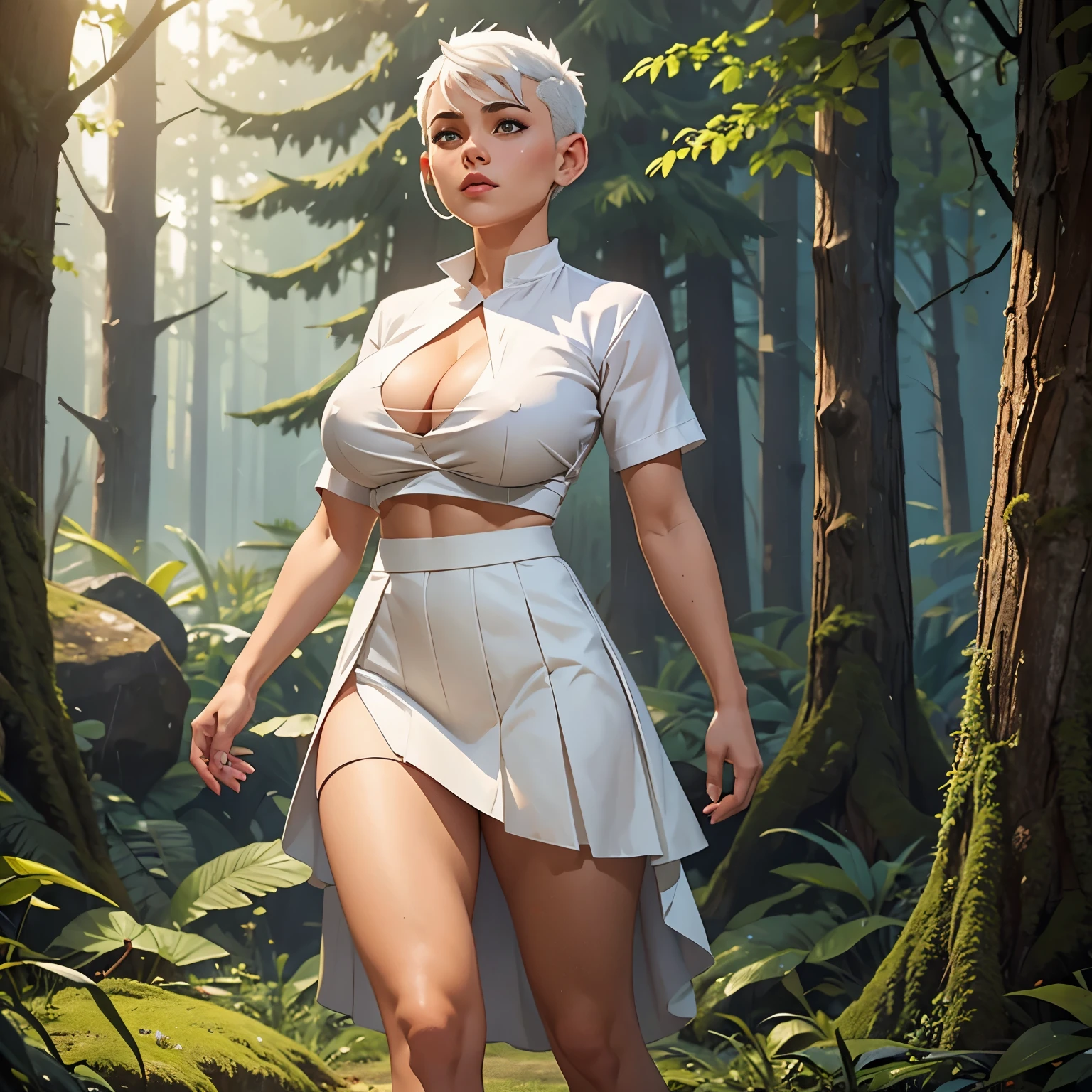 1girl, full body, abs, big boobs, white hair, shaved haircut, skirt, white clothes, forest, masterpiece