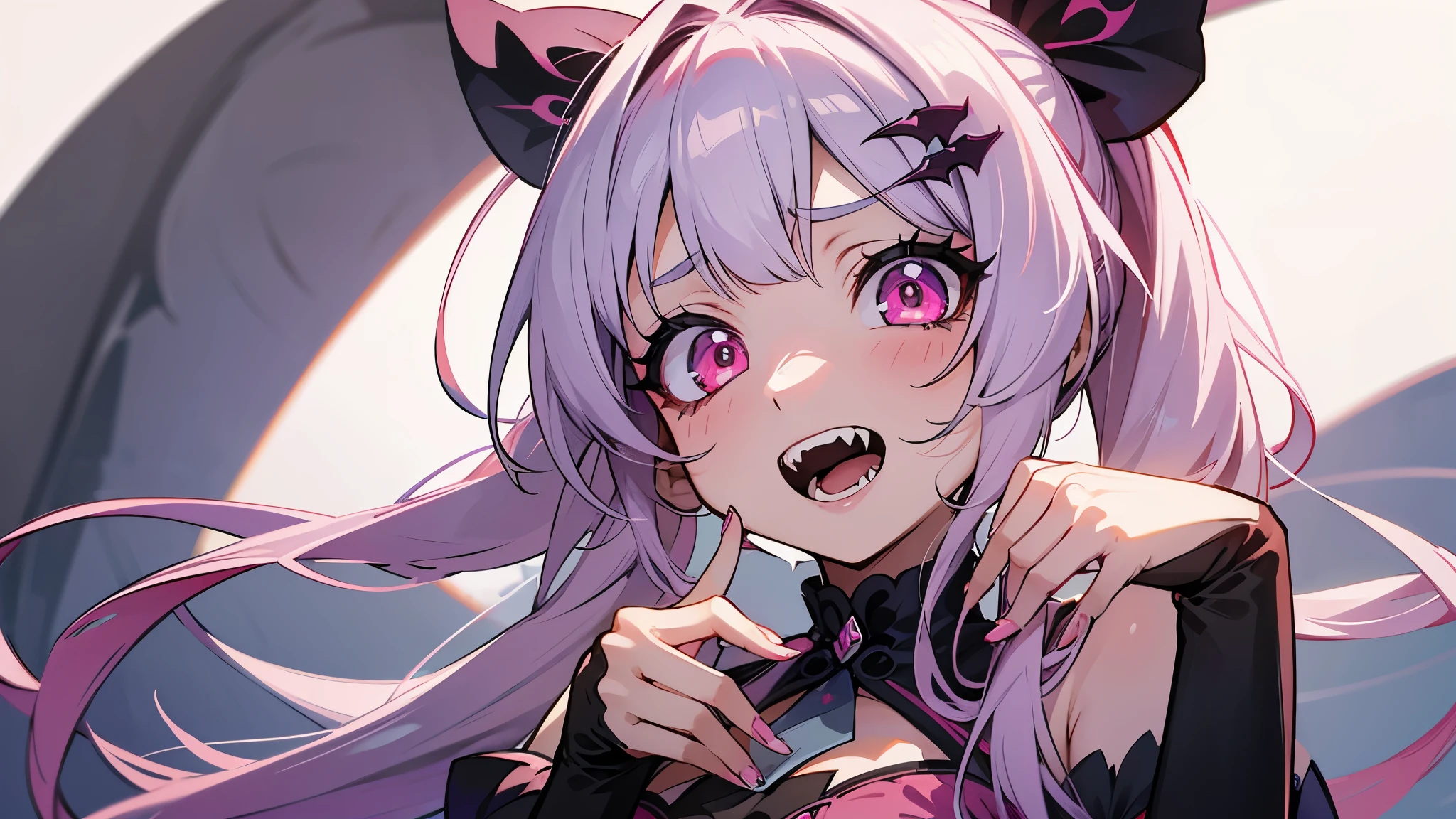 one girl, very beautiful face, beautiful eyes, detailed eyes, detailed face, detailed hair, masterpiece, anime girl, pink eyes, silver hair, , kawaii, two pony tails, hair pins, hair accessories, very young, big boobs, pixiv, illustration, very high quality, masterpiece, vampire teeth, fangs, pink cheeks, looks at you, in her castle, scary teeth, scary fangs, want to drink blood, bloody, princess, blood, feed on human