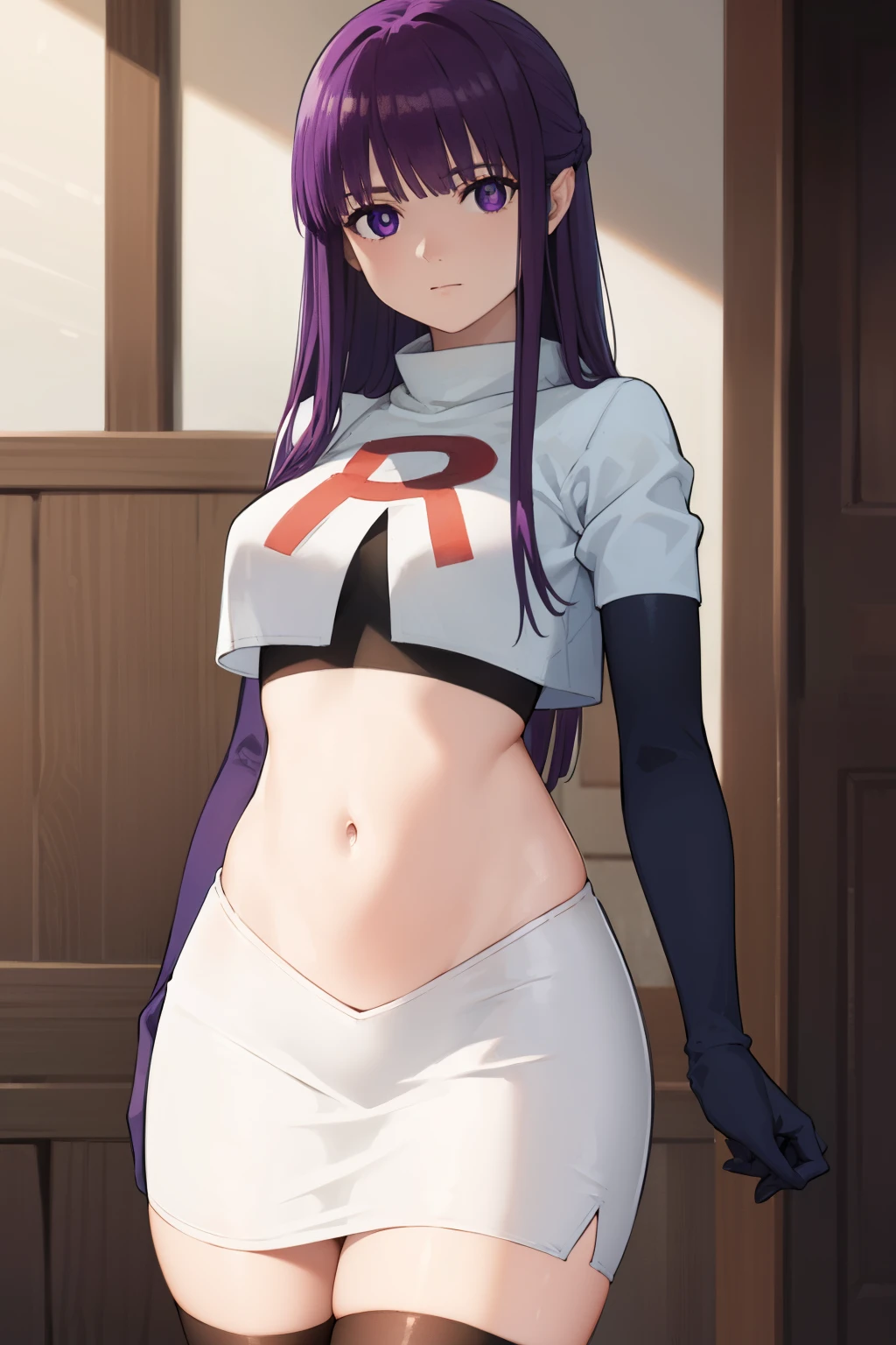 fern, fern, long hair, bangs, (purple eyes:1.1), purple hair, sidelocks, blunt bangs, (bright pupils:1.5),
BREAK team rocket,team rocket uniform,white skirt,crop top,black thigh-highs,black elbow gloves,
BREAK looking at viewer, (cowboy shot:1.5),
BREAK (masterpiece:1.2), best quality, high resolution, unity 8k wallpaper, (illustration:0.8), (beautiful detailed eyes:1.6), extremely detailed face, perfect lighting, extremely detailed CG, (perfect hands, perfect anatomy),