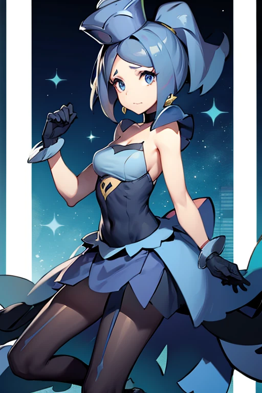 pkmnClair, ponytail, earrings, choker, cape, blue bodysuit, blue gloves, bracelet, blue boots, Acerola, :3, AAEVELYN, EYELASHES, BLUE EYES, BLUE HAIR, SHORT HAIR, MIDDLE PART, TOP HAT, DRESS, BLACK GLOVES, ELBOW GLOVES, BLACK PANTYHOSE, HIGH HEELS