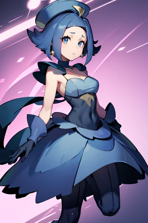 pkmnClair, ponytail, earrings, choker, cape, blue bodysuit, blue gloves, bracelet, blue boots, Acerola, :3, AAEVELYN, EYELASHES, BLUE EYES, BLUE HAIR, SHORT HAIR, MIDDLE PART, TOP HAT, DRESS, BLACK GLOVES, ELBOW GLOVES, BLACK PANTYHOSE, HIGH HEELS