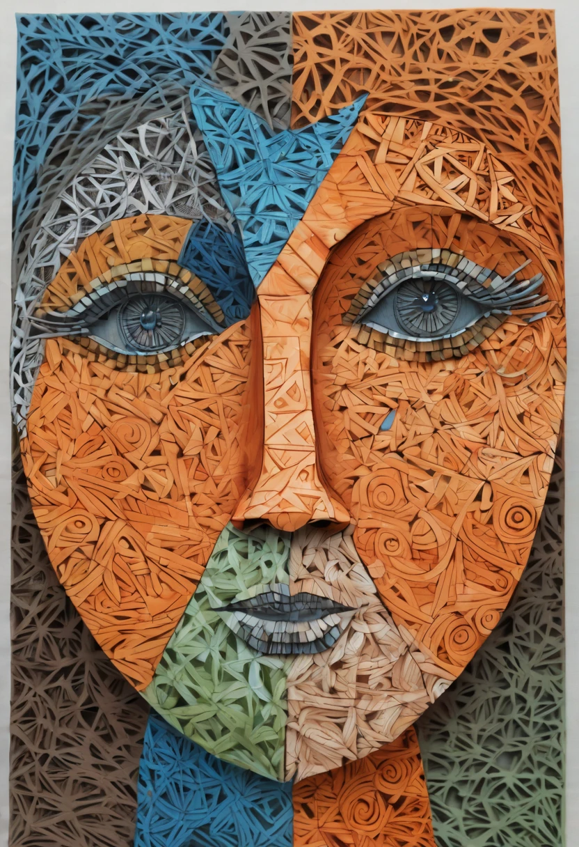 Origami, zentangle, face pottraits, soft tone color, orange, blue, green, gray, brown,