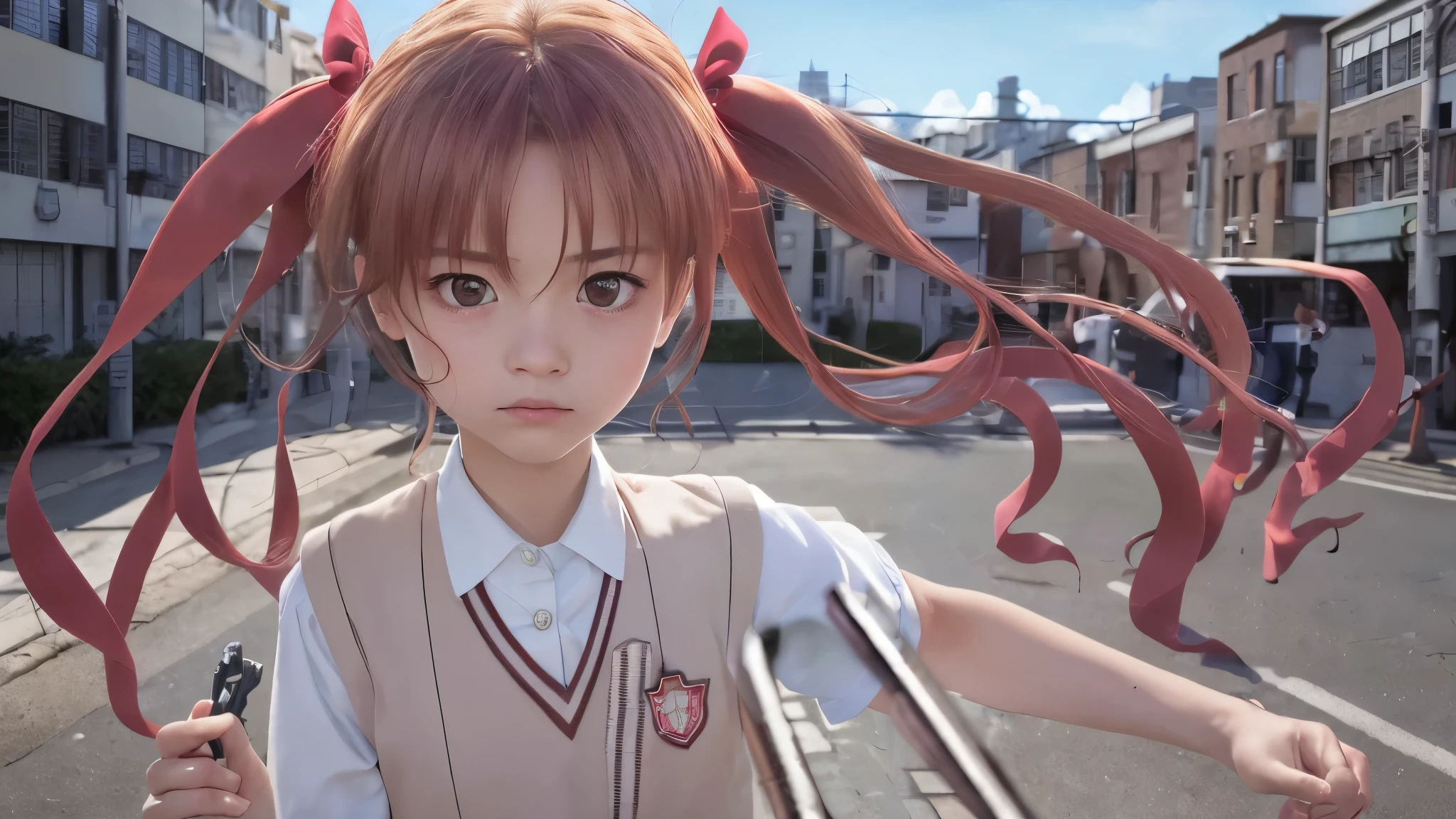 highest quality, 8K, Super detailed, photorealistic, masterpiece, highest quality, High resolution, 1 hair ribbon for girls, Tokiwadai School Uniform, nervous face, Urban background, (reach out your hand:1.2), (Upper body:1.3), (running:1.3), cute face, , weapons fly, (displeased/sulky:1.2)