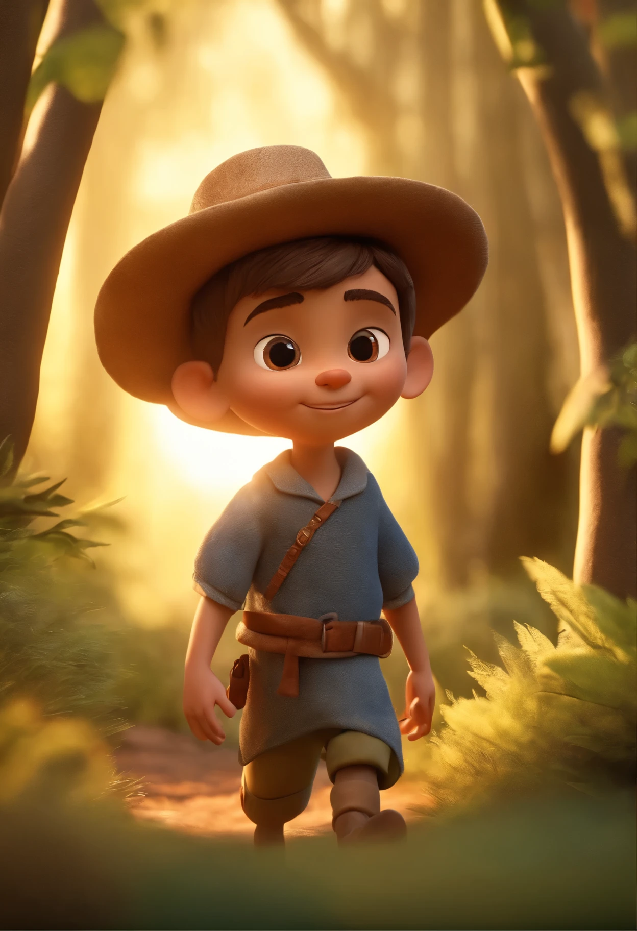 cartoon character of a boy in peasant clothes walking into the forest with sunlight filtering through the trees, revealing the path to the magical encounter, animation character, Caractere estilizado, animation style rendering, 3D estilizado, Arnold Maya rendering, Stylized 3D rendering, toon render screenshot, Personagem 3D, Personagem 3D, Stylized 3D rendering, 3D character rendering, personagem de desenho animado, Personagem de close up, Pose de personagem, (Estilo Pixar) (parte mestre:1.2) (Bokeh) (melhor qualidade) (pele detalhada) (textura detalhada) (8k) (argila) (cinematic lighting) (sharp focus