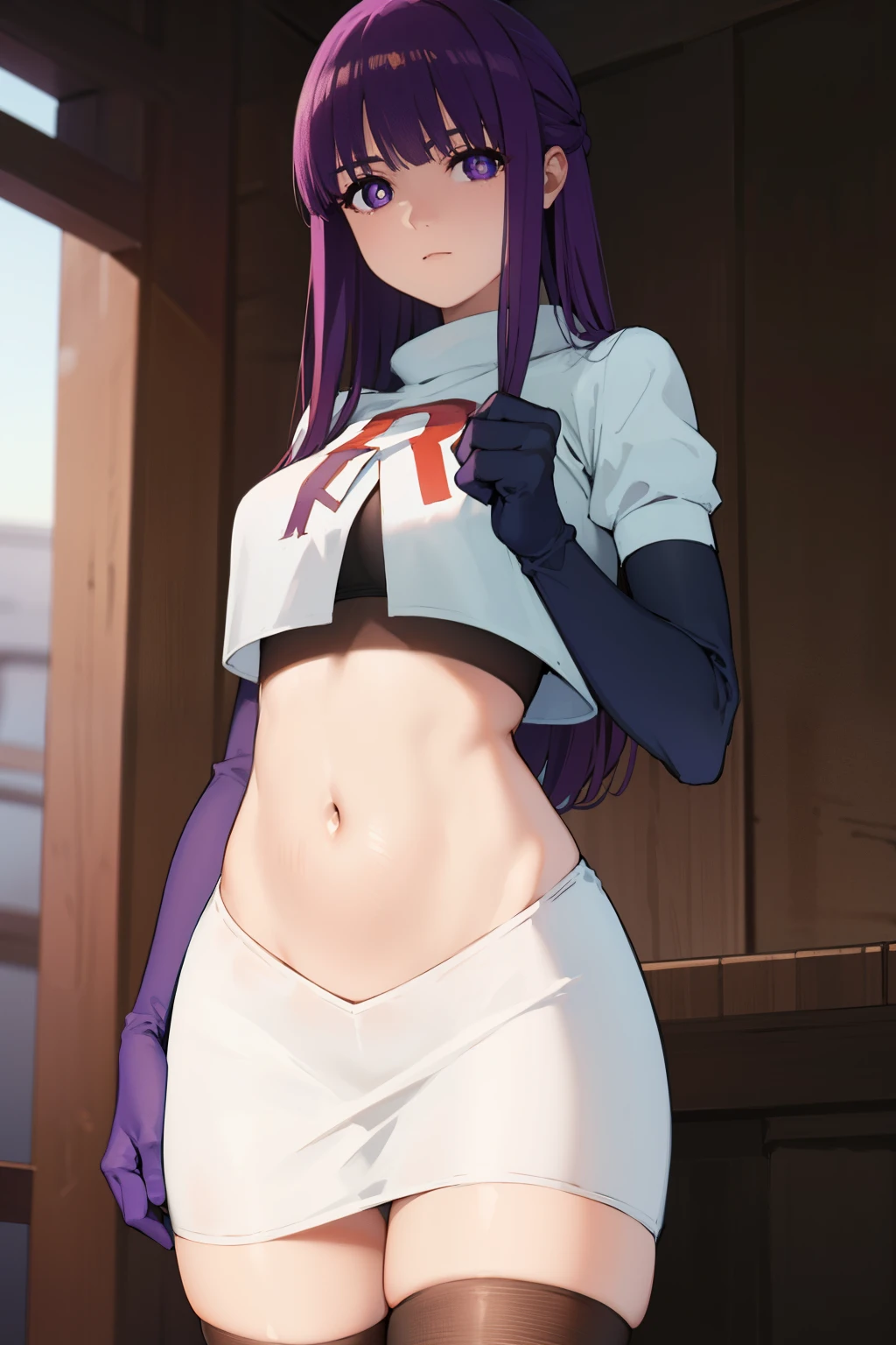 fern, fern, long hair, bangs, (purple eyes:1.1), purple hair, sidelocks, blunt bangs, (bright pupils:1.5),
BREAK team rocket,team rocket uniform,white skirt,crop top,black thigh-highs,black elbow gloves,
BREAK looking at viewer, (cowboy shot:1.5),
BREAK (masterpiece:1.2), best quality, high resolution, unity 8k wallpaper, (illustration:0.8), (beautiful detailed eyes:1.6), extremely detailed face, perfect lighting, extremely detailed CG, (perfect hands, perfect anatomy),