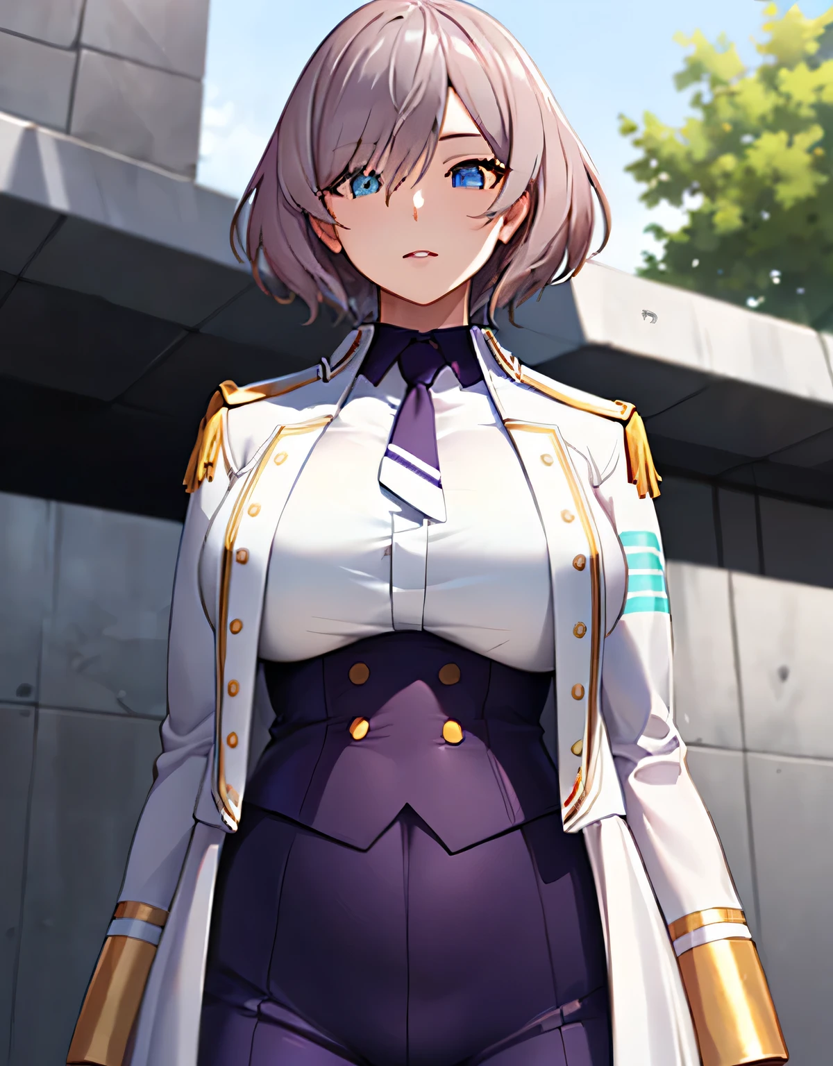 ultra detailed,outdoors,bangs,mujina,ssss dynazenon, light blue eyes,coat,white jacket,necktie,long sleeves,uniform,military uniform,(Large breasts:1.5),Looking at Viewer,Standing,(((masterpiece))),((Best Quality)),Perfect Anatomy,8K UHD,extremely detailed face,gloss and shiny,((1girl)),((Solo)),(Beautiful detailed eyes:1.5),perfect Image,(Upper body:1.1),(Look at the front:1.1),Arms behind back,Slim waist,(shiny hair),