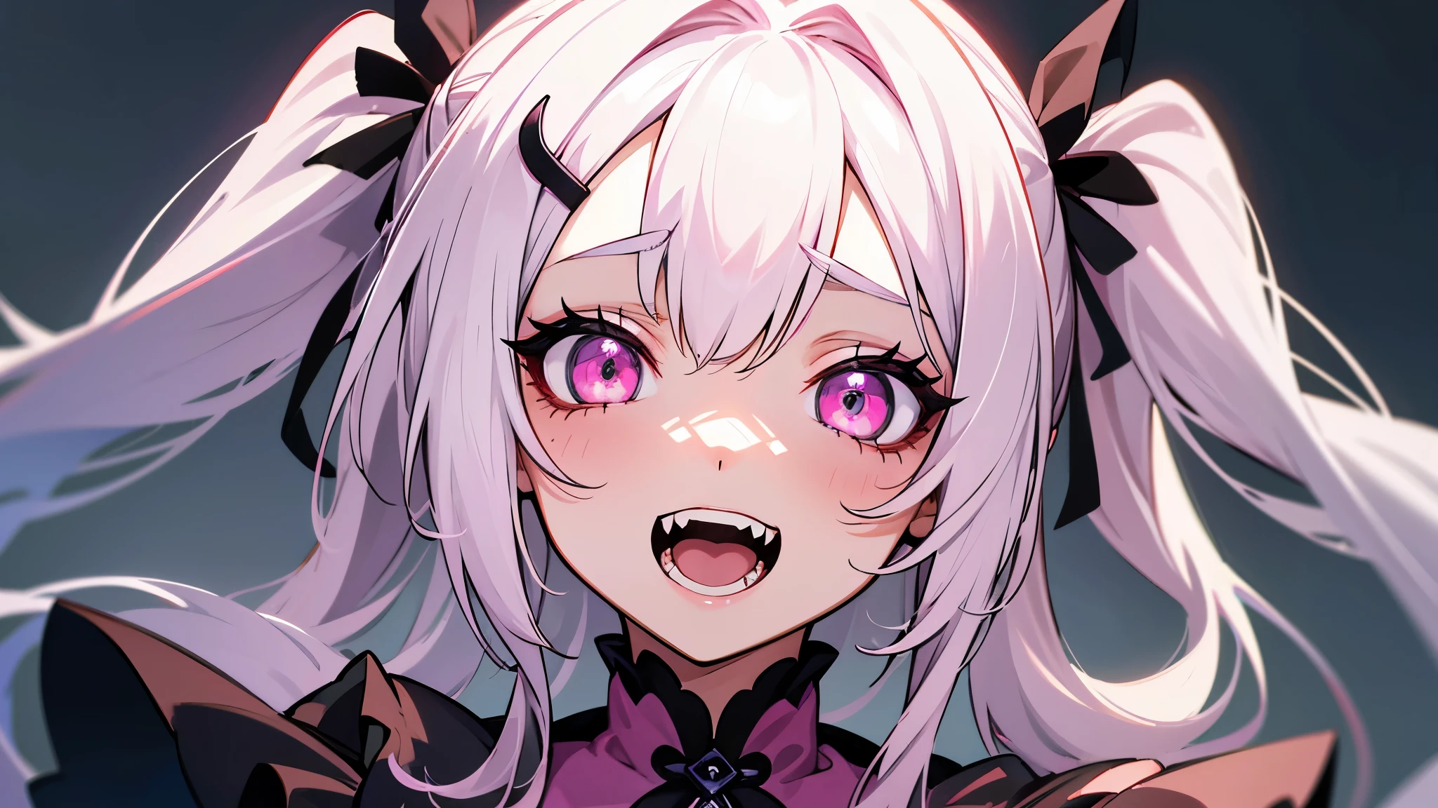 one girl, very beautiful face, beautiful eyes, detailed eyes, detailed face, detailed hair, masterpiece, anime girl, pink eyes, silver hair, , kawaii, two pony tails, hair pins, hair accessories, very young, big boobs, pixiv, illustration, very high quality, masterpiece, vampire teeth, fangs, pink cheeks, looks at you, in her castle, scary teeth, scary fangs, want to drink blood, bloody, princess, blood, feed on human