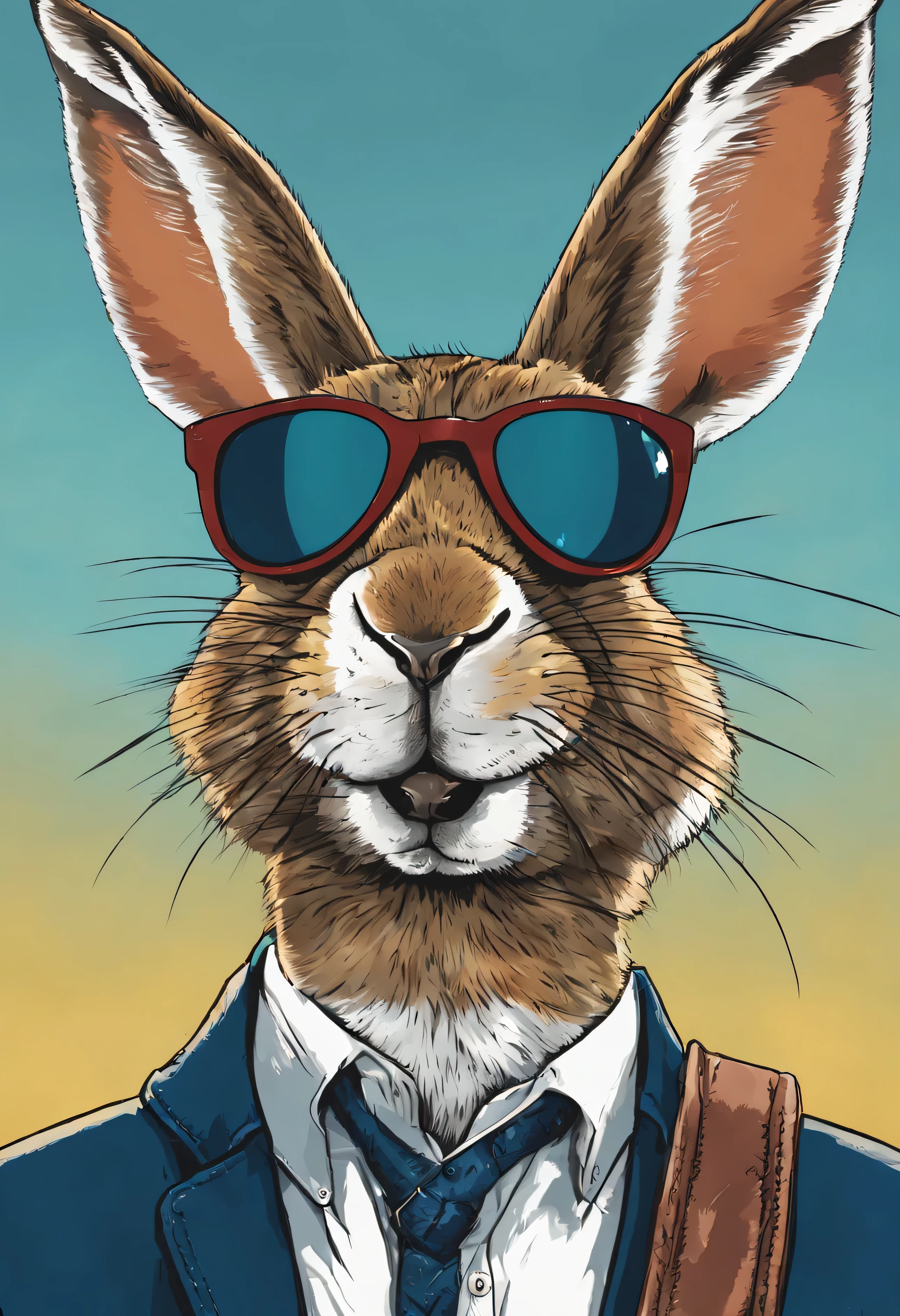 Illustrated jackrabbit headshot wearing sunglasses, with a contemplative and concerned expression on his face