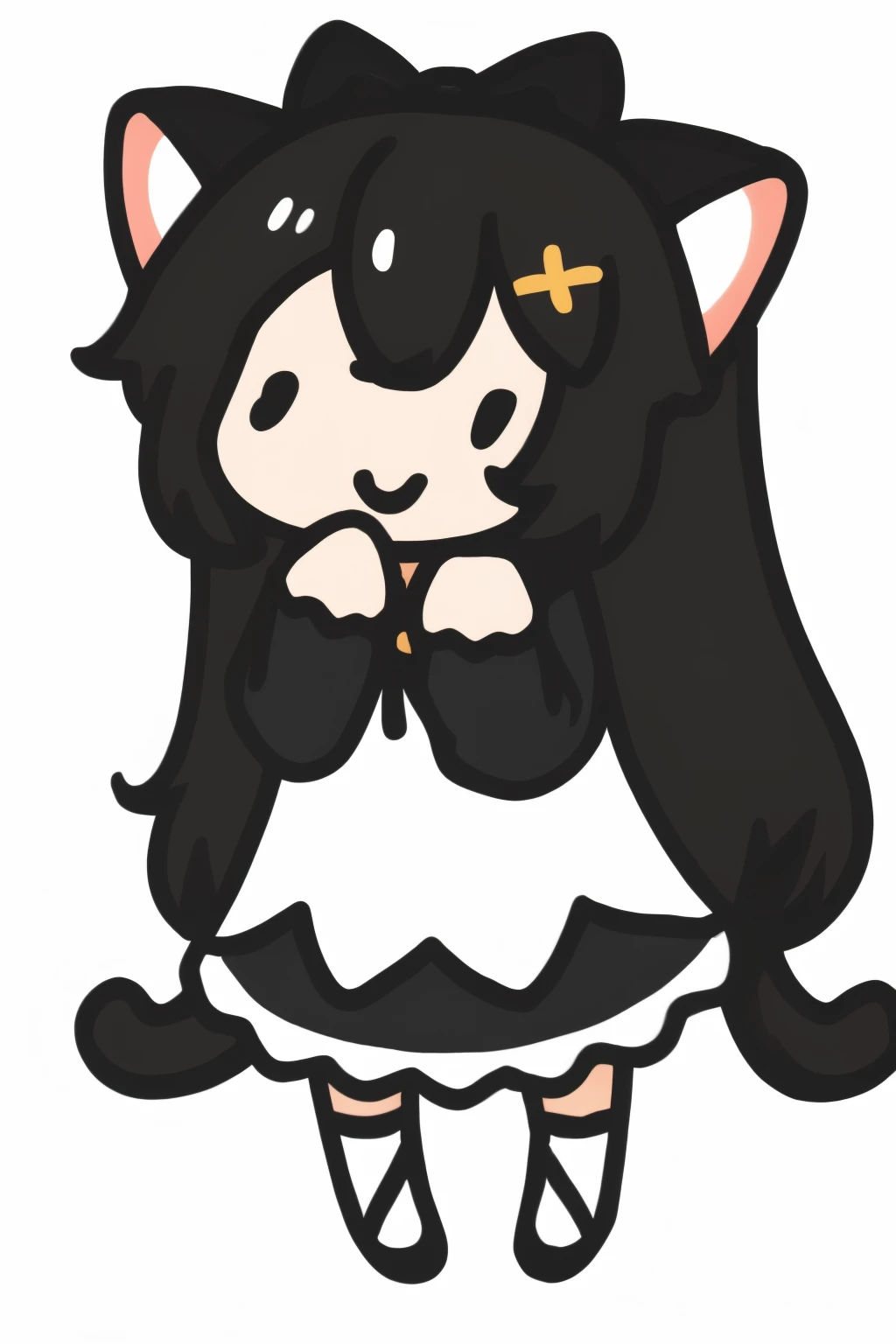 1 girl,cat ears,White background, black hair, gorgeous tutu skirt,black eyes, long sleeves, There are cute hair accessories, Smile, Keep your mouth shut, blush,, sock,long hair, Mary Jane shoes