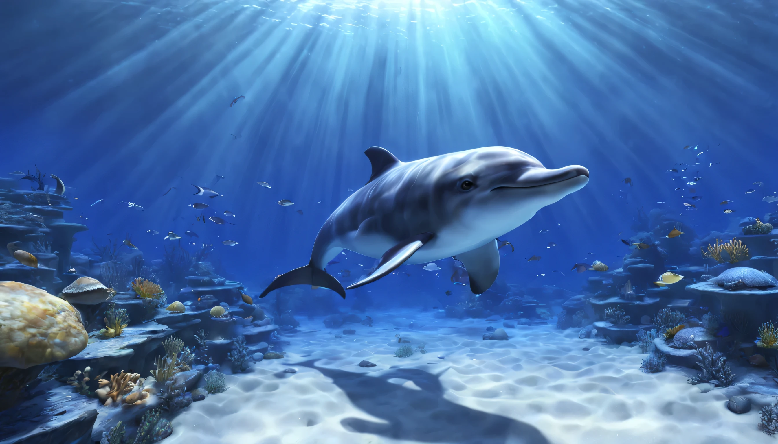 Ecco the dolphin (extremely detailed and realistic CG, masterpiece, best quality, ultra-detailed), deep ocean, coral reef, (best illumination, best shadow, an extremely delicate and beautiful), dynamic angle, cinematic atmosphere, ornate sea shells, fish, god rays, underwater ship wreck, light rays, seapunk, water.
