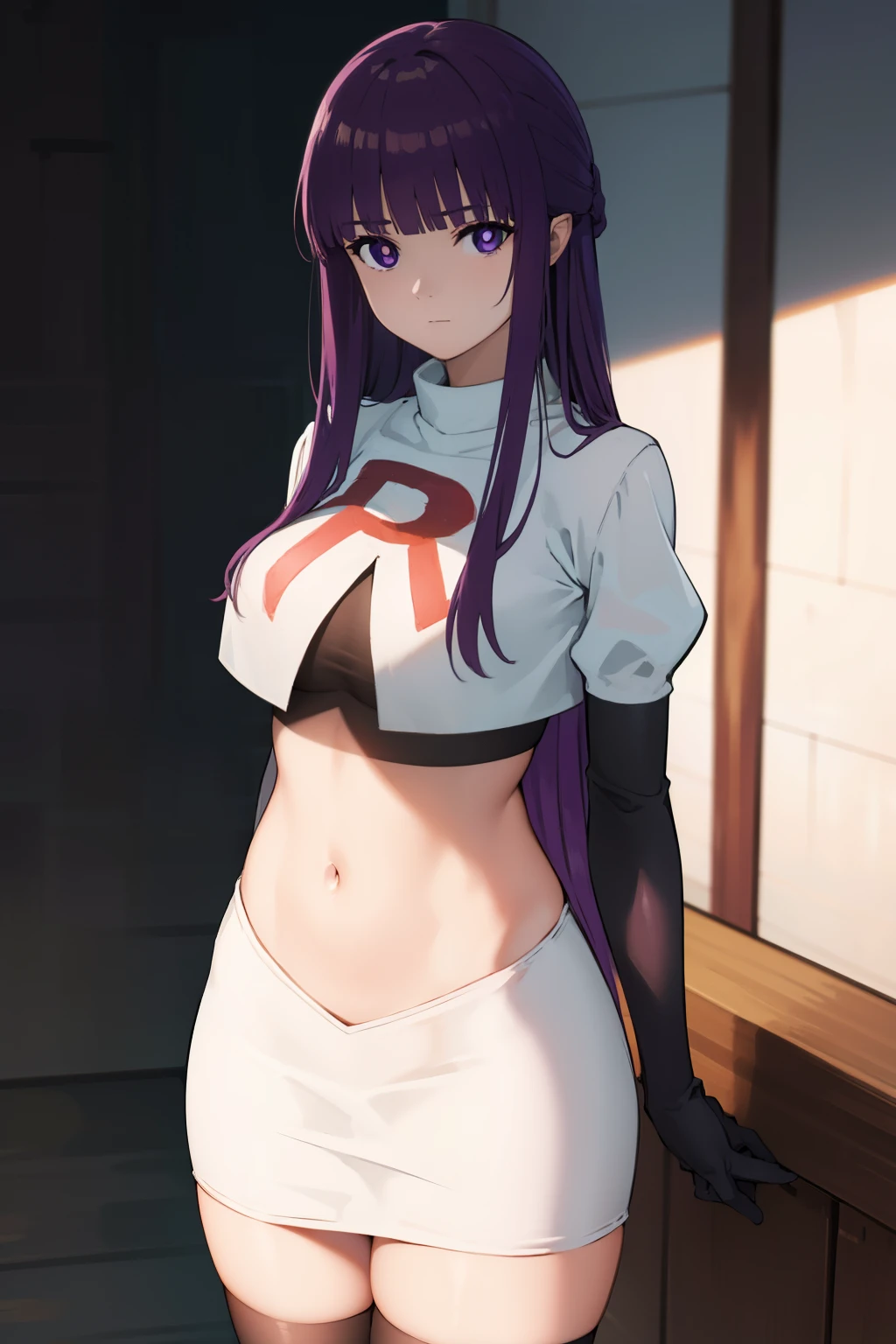 fern, fern, long hair, bangs, (purple eyes:1.1), purple hair, sidelocks, blunt bangs, (bright pupils:1.5),
BREAK team rocket,team rocket uniform,white skirt,crop top,black thigh-highs,black elbow gloves,
BREAK looking at viewer, (cowboy shot:1.5),
BREAK (masterpiece:1.2), best quality, high resolution, unity 8k wallpaper, (illustration:0.8), (beautiful detailed eyes:1.6), extremely detailed face, perfect lighting, extremely detailed CG, (perfect hands, perfect anatomy),