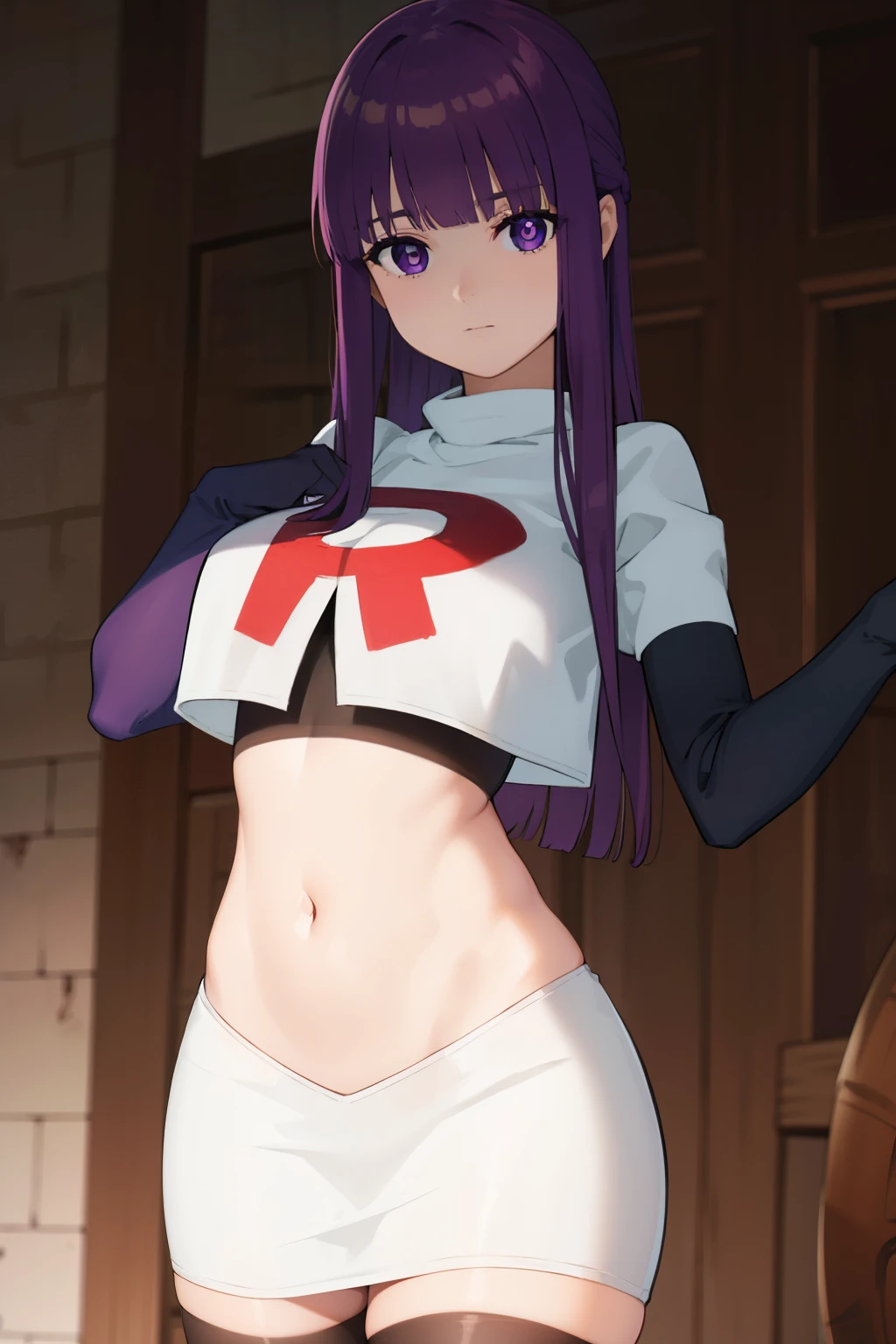 fern, fern, long hair, bangs, (purple eyes:1.1), purple hair, sidelocks, blunt bangs, (bright pupils:1.5),
BREAK team rocket,team rocket uniform,white skirt,crop top,black thigh-highs,black elbow gloves,
BREAK looking at viewer, (cowboy shot:1.5),
BREAK (masterpiece:1.2), best quality, high resolution, unity 8k wallpaper, (illustration:0.8), (beautiful detailed eyes:1.6), extremely detailed face, perfect lighting, extremely detailed CG, (perfect hands, perfect anatomy),