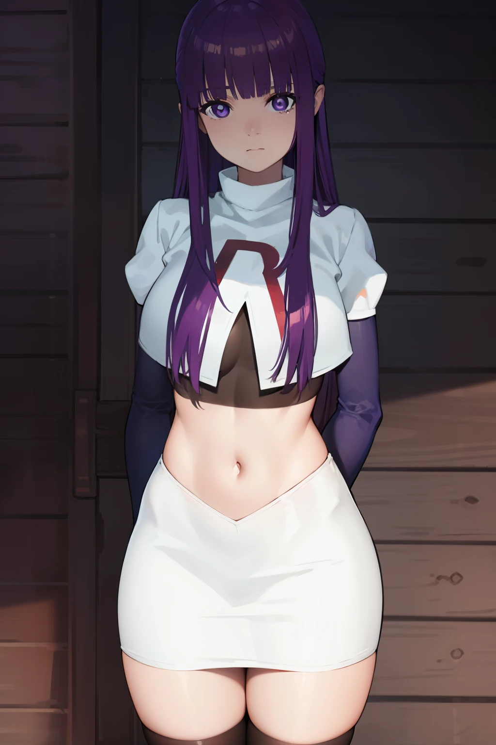 fern, fern, long hair, bangs, (purple eyes:1.1), purple hair, sidelocks, blunt bangs, (bright pupils:1.5),
BREAK team rocket,team rocket uniform,white skirt,crop top,black thigh-highs,black elbow gloves,
BREAK looking at viewer, (cowboy shot:1.5),
BREAK (masterpiece:1.2), best quality, high resolution, unity 8k wallpaper, (illustration:0.8), (beautiful detailed eyes:1.6), extremely detailed face, perfect lighting, extremely detailed CG, (perfect hands, perfect anatomy),