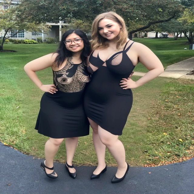 two women standing next to each other in a park, ruan jia and mandy jurgens, wearing a formal dress, wearing a cocktail dress, wearing a black dress, ayami kojima and lyde caldwell, waist high, wearing dresses, profile picture, in the background, formal attire, two girls, wearing black dress, wearing a dark dress, thick thighs, wide hips, Big tits, huge tits, no clothes, sexy, cute, minimal clothes, thick, bbw, chubby stomach, thick nipples, nipple piercings, large areola, hard nipples, piercing through shirt, nipples hard through shirt, busty, major cleavage, naked, ripping through top, boobs spilling over sides, bra too tight, giant tits, extra wide hips, upper body zoom in, showing off huge tits, fat stomach, see through top, fat bbw, large areola showing