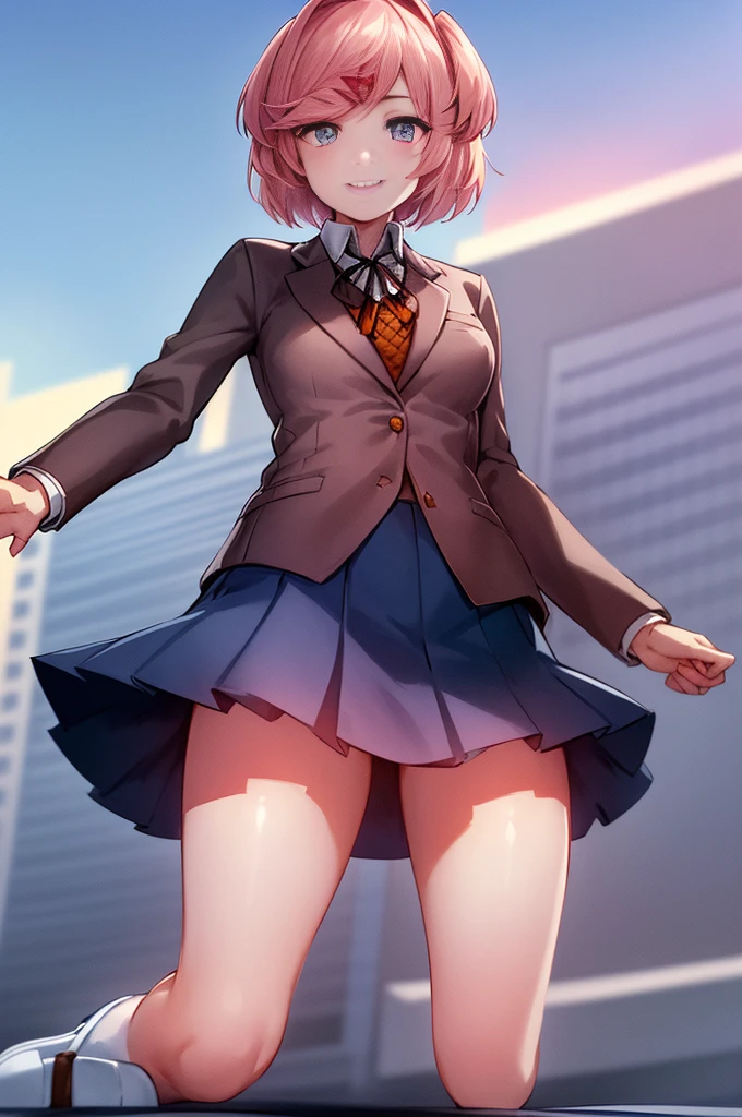 best quality, high resolution, unity 8k wallpaper, (illustration:0.8), (beautiful detailed eyes:1.6), extremely detailed face, perfect lighting, extremely detailed CG, (perfect hands, perfect anatomy), 2d, masterpiece, best quality, anime, highly detailed, cowboy shot, 1girl, solo, natsuki, pink eyes, two side up, hair ornament, short hair, blazer, brown sweater, collared shirt, neck ribbon, blue skirt, looking at viewer, street city background. ((short white socks:1.3)), ((wide smile)), ((sky from below:1.4)), ((kneeling on grass)), ((black loafers:1.3))