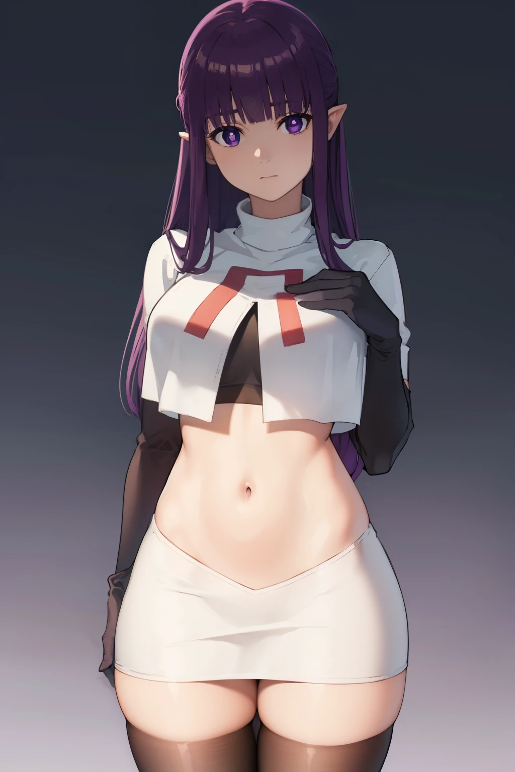 fern, fern, long hair, bangs, (purple eyes:1.1), purple hair, sidelocks, blunt bangs, (bright pupils:1.5),
BREAK team rocket,team rocket uniform,white skirt,crop top,black thigh-highs,black elbow gloves,
BREAK looking at viewer, (cowboy shot:1.5),
BREAK (masterpiece:1.2), best quality, high resolution, unity 8k wallpaper, (illustration:0.8), (beautiful detailed eyes:1.6), extremely detailed face, perfect lighting, extremely detailed CG, (perfect hands, perfect anatomy),