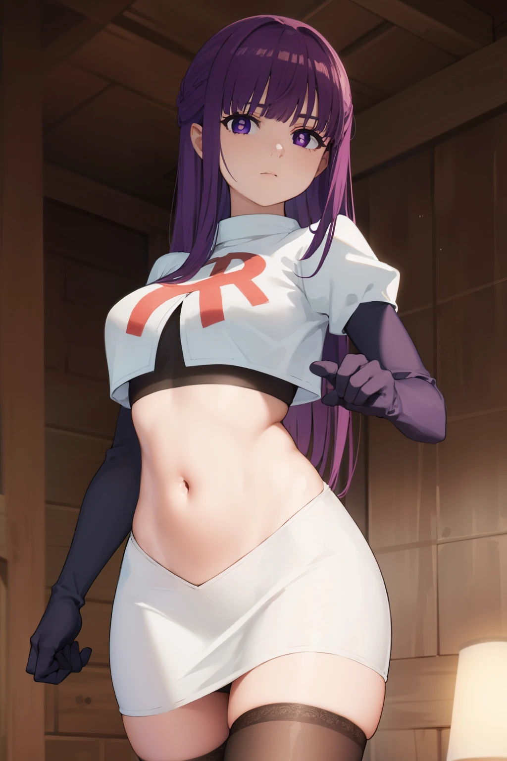 fern, fern, long hair, bangs, (purple eyes:1.1), purple hair, sidelocks, blunt bangs, (bright pupils:1.5),
BREAK team rocket,team rocket uniform,white skirt,crop top,black thigh-highs,black elbow gloves,
BREAK looking at viewer, (cowboy shot:1.5),
BREAK (masterpiece:1.2), best quality, high resolution, unity 8k wallpaper, (illustration:0.8), (beautiful detailed eyes:1.6), extremely detailed face, perfect lighting, extremely detailed CG, (perfect hands, perfect anatomy),
