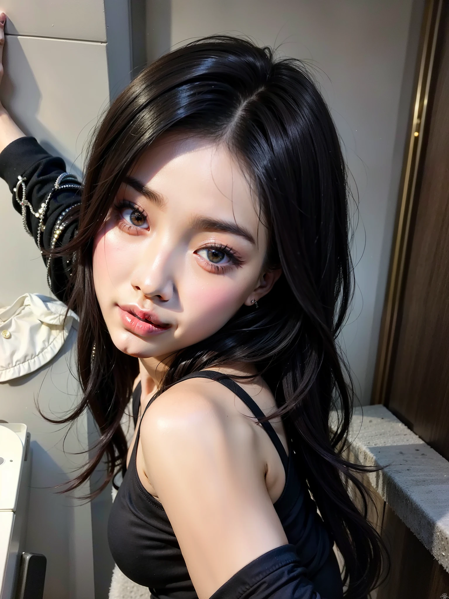 There's a woman who's posing for a photo in a mirror, ulzzang, maquillaje popular de corea del sur, muchacha coreana, maquillaje coreano popular, jennie rosa negro, hermosa joven coreana, hermosa mujer surcoreana, hermosa joven coreana, pale korean adorable face, heonhwa choe, Jinyoung Shin, Young cute pale asian face, jennie blackpink 