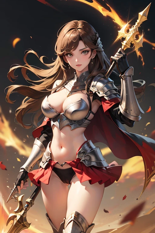 Guerreira, fantasia, armadura de placas, steel breastplate, Steel gauntlets, steel gloves, saia curta, saia vermelha, levantando a saia, calcinha branca, calcinha aparecendo, Brown hair, realista, D&D, saia levantada, (cameltoe), upskirt, Steel gauntlets, steel boots, steel breastplate, melhor qualidade, tiro de cowboy, obra-prima, 8k, (exposed navel), Two-Handed Axes