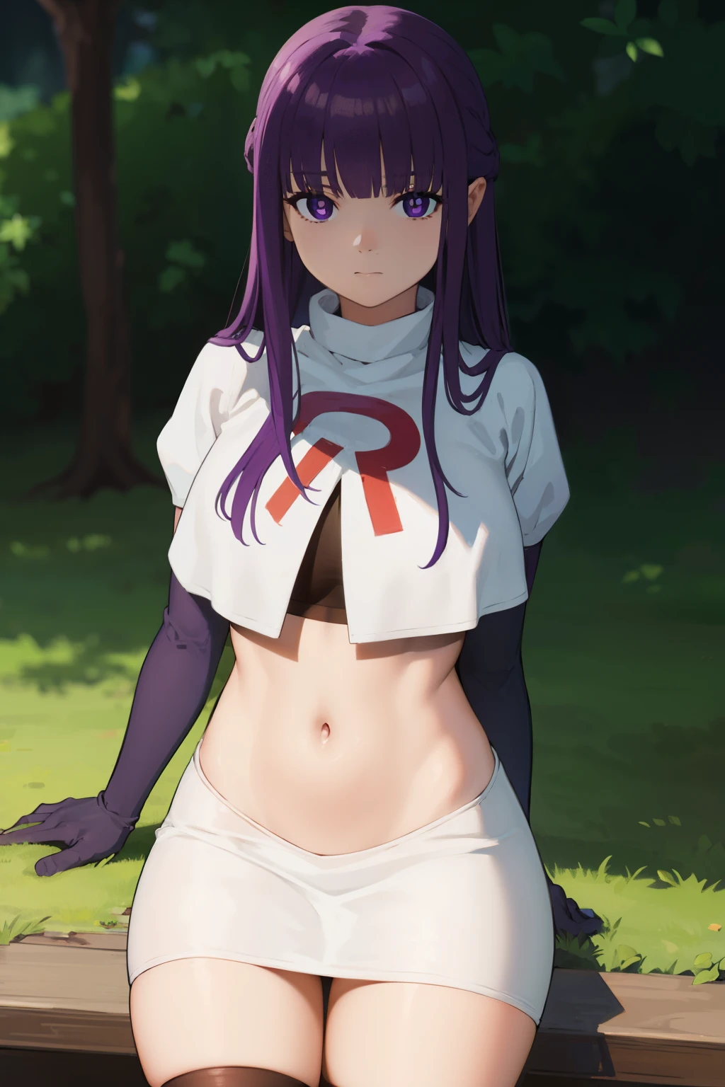 fern, fern, long hair, bangs, (purple eyes:1.1), purple hair, sidelocks, blunt bangs, (bright pupils:1.5),
BREAK team rocket,team rocket uniform,white skirt,crop top,black thigh-highs,black elbow gloves,
BREAK looking at viewer, (cowboy shot:1.5),
BREAK (masterpiece:1.2), best quality, high resolution, unity 8k wallpaper, (illustration:0.8), (beautiful detailed eyes:1.6), extremely detailed face, perfect lighting, extremely detailed CG, (perfect hands, perfect ???????),