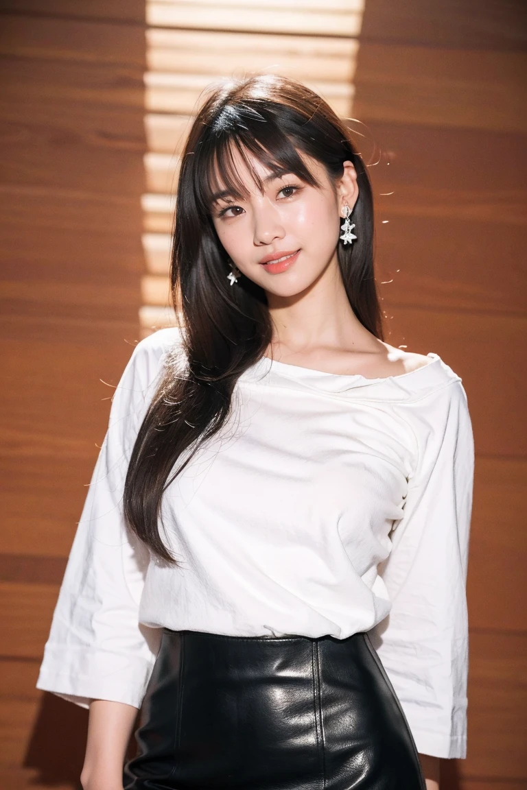 (8K, RAW photo, highest quality, masterpiece:1.2), ultra detail, super resolution, (realistic, realistic Photo:1.37), portrait, High-definition RAW color photos, professional photos, 非常に詳細で美New, very detailed, 8K wallpaper, amazingly detailed, huge file size, official art, highly detailed CG unity 8K wallpaper, very detailed美少女, very detailed顔, very detailed目, very detailed肌, very detailed指, very detailed鼻, very detailed詳細な口 , perfect anatomy, very detailed背景, very detailed衣服, 1 girl, (18:1.2), 20th generation, cute girl, realistic body, small, Fair skin, glowing skin , Because I&#39;m slender, handsome body, black hair , Rolled up hair, (dull bangs:1.2), smile, cute, like々New, cute face, realistic face, delicate eyes, droopy eyes, white t-shirt, short skirt, earrings, looking at the viewer, cowboy shot, facing the front, Standing position, Opposition, dynamic lighting, very big breasts,