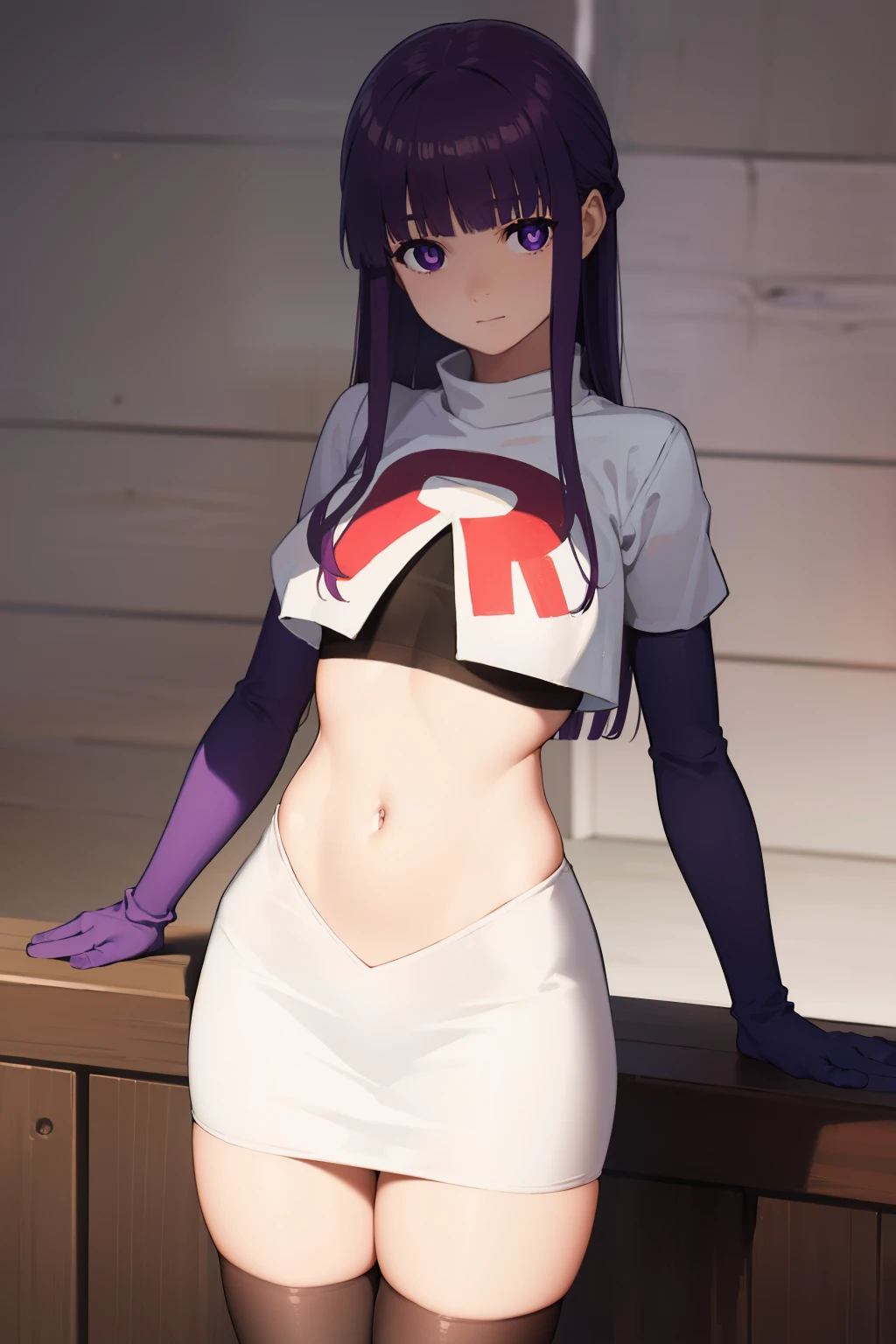 fern, fern, long hair, bangs, (purple eyes:1.1), purple hair, sidelocks, blunt bangs, (bright pupils:1.5),
BREAK team rocket,team rocket uniform,white skirt,crop top,black thigh-highs,black elbow gloves,
BREAK looking at viewer, (cowboy shot:1.5),
BREAK (masterpiece:1.2), best quality, high resolution, unity 8k wallpaper, (illustration:0.8), (beautiful detailed eyes:1.6), extremely detailed face, perfect lighting, extremely detailed CG, (perfect hands, perfect anatomy),