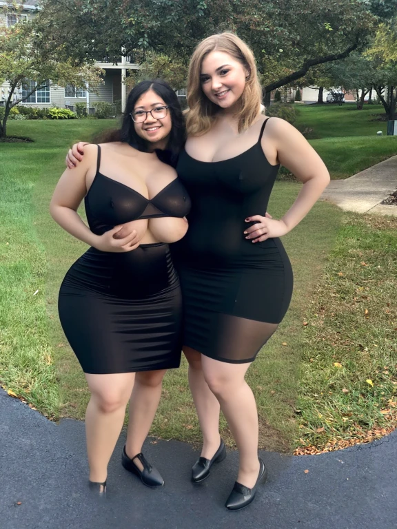 two women standing next to each other in a park, ruan jia and mandy jurgens, wearing a formal dress, wearing a cocktail dress, wearing a black dress, ayami kojima and lyde caldwell, waist high, wearing dresses, profile picture, in the background, formal attire, two girls, wearing black dress, wearing a dark dress, thick thighs, wide hips, Big tits, huge tits, no clothes, sexy, cute, minimal clothes, thick, bbw, chubby stomach, thick nipples, nipple piercings, large areola, hard nipples, piercing through shirt, nipples hard through shirt, busty, major cleavage, naked, ripping through top, boobs spilling over sides, bra too tight, giant tits, extra wide hips, upper body zoom in, showing off huge tits, fat stomach, see through top, fat bbw, large areola showing