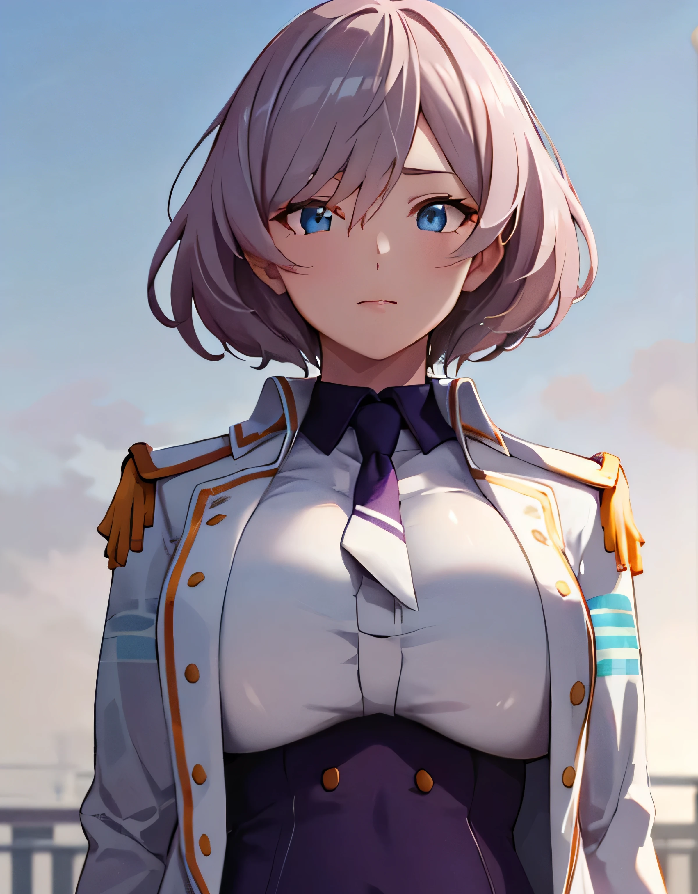 ultra detailed,outdoors,bangs,mujina,ssss dynazenon, light blue eyes,coat,white jacket,necktie,long sleeves,uniform,military uniform,(Large breasts:1.5),Looking at Viewer,Standing,(((masterpiece))),((Best Quality)),Perfect Anatomy,8K UHD,extremely detailed face,gloss and shiny,((1girl)),((Solo)),Beautiful detailed eyes,perfect Image,(Upper body:1.1),(Look at the front:1.1),Arms behind back,Slim waist,(shiny hair),