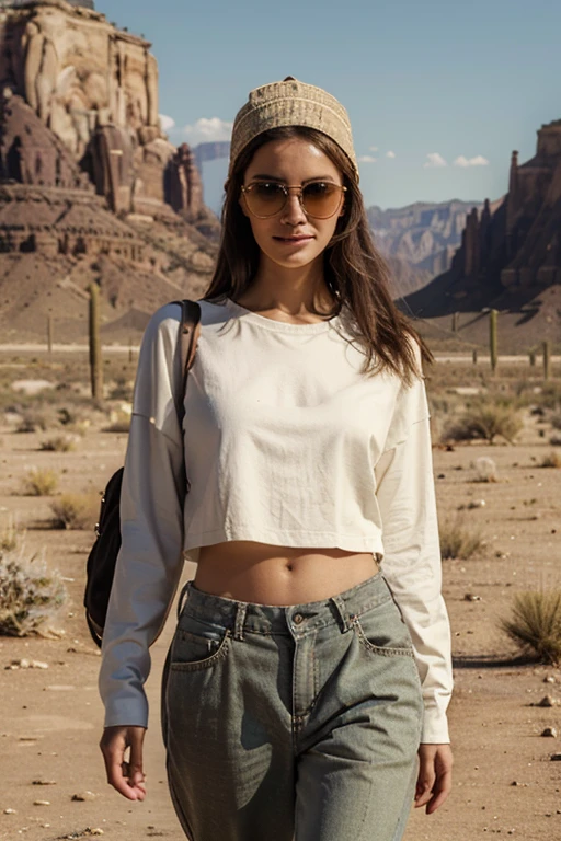 ((Best quality)), ((masterpiece)), ((realistic)), ((Best quality)), ((masterpiece)), ((realistic)), Girl walking in desert, looking tired, wearing Loose-fitting clothing Long-sleeved shirts and pants, Headgear, Sunglasses, very beautiful, in a natural and casual style on eye level, scenic, masterpiece, (highres), original, extremely detailed 8K , (photorealistic:1.4),flawless face, perfect eyes,symmetrica body shape,smile, 