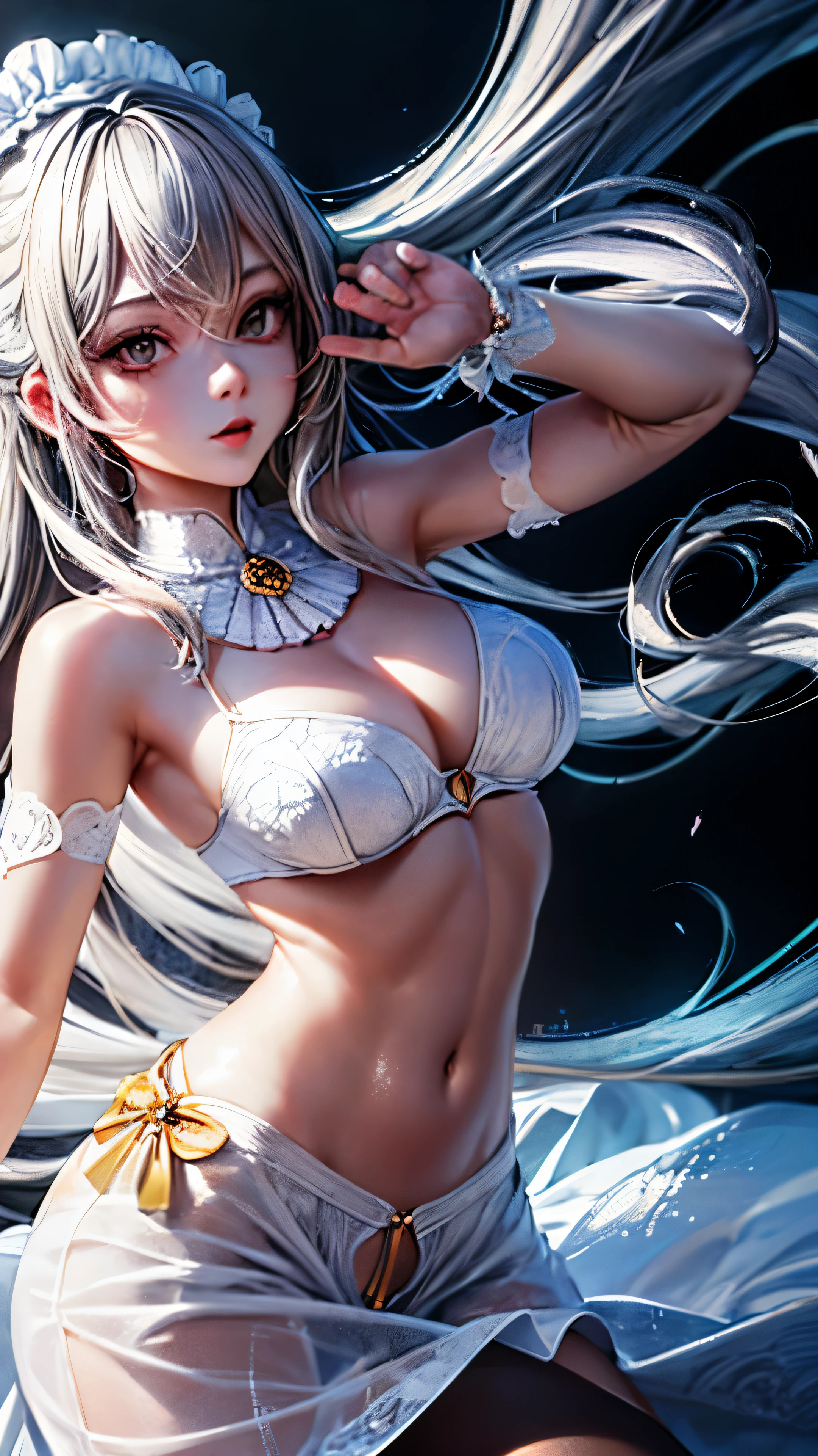 Mujer con un top blanco y bragas blancas posando para una foto, pose atractiva, muy hermosa linda conejita, teta lateral, ella tiene un vientre plano, trasero ancho, chica sexy, Sexy cuerpo caliente, pose sexy, imagen de alta calidad, cuerpo completo, chica anime en la vida real, primer plano. Pelo largo blanco y negro recogido.