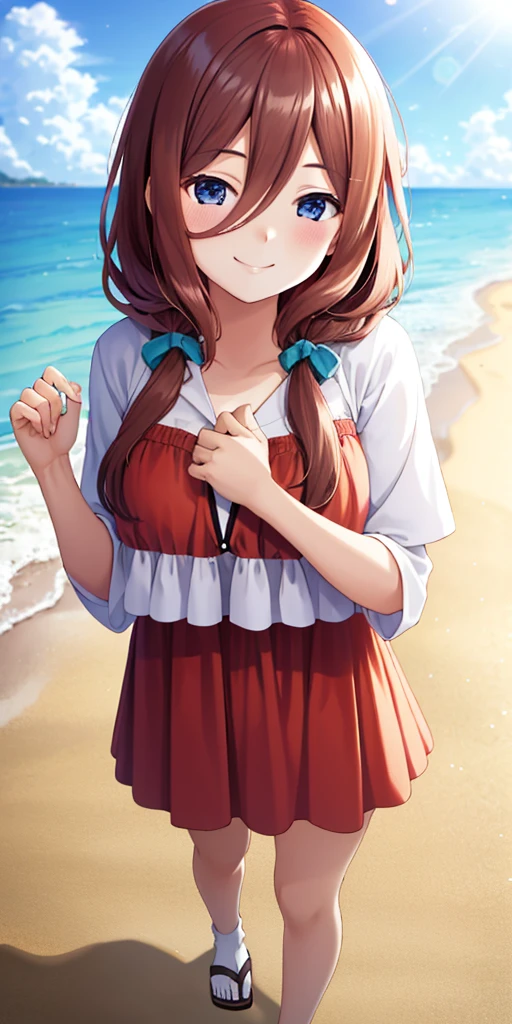 (Best quality:1.3), nakano miku, brown long hair, hair between eyes, bikini, smiling, beach, standing, pov, busty