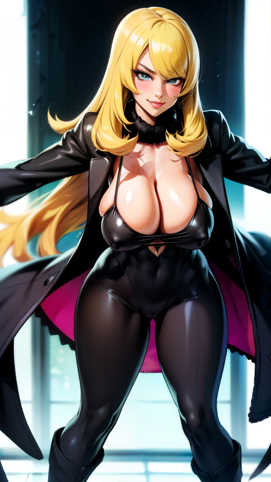 blush, smileglowing aura, natural light, masterpiece, glossy skin, juicy lips , sexy, hot, cleavage, evil,juicy lips, bimbo, ((Cynthia )), pokemon, hour glass figure, blonde hair, (slendered abs:1.4), wide eyes, blue eyes, (gigantic breasts:1.2), hair covers one eye, dark lighting, long hair, (black boots), light blonde hair, juicy lips, ((black unitard:1.2)), ((black coat:1.3)), fuzzy boots, (((smirk)))