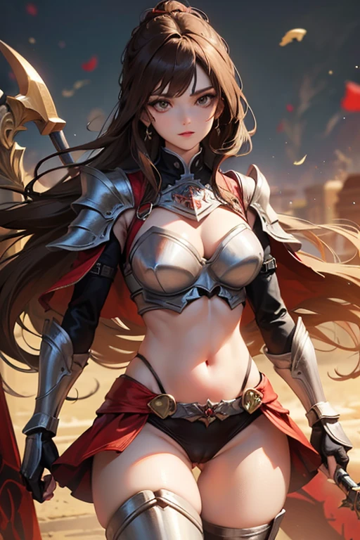 Guerreira, fantasia, armadura de placas, steel breastplate, Steel gauntlets, steel gloves, saia curta, saia vermelha, levantando a saia, calcinha branca, calcinha aparecendo, Brown hair, realista, D&D, saia levantada, (cameltoe), upskirt, Steel gauntlets, steel boots, steel breastplate, melhor qualidade, tiro de cowboy, obra-prima, 8k, (exposed navel), Two-Handed Axes