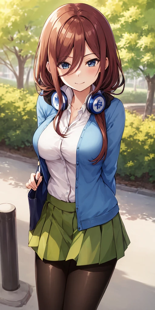 2d, masterpiece, best quality, anime, highly detailed, 1girl, solo, cowboy shot, nakano miku, brown hair, hair between eyes, blue cardigan, headphones, pantyhose, collared shirt, green skirt, miniskirt, medium breasts, standing, school, outdoors, smile