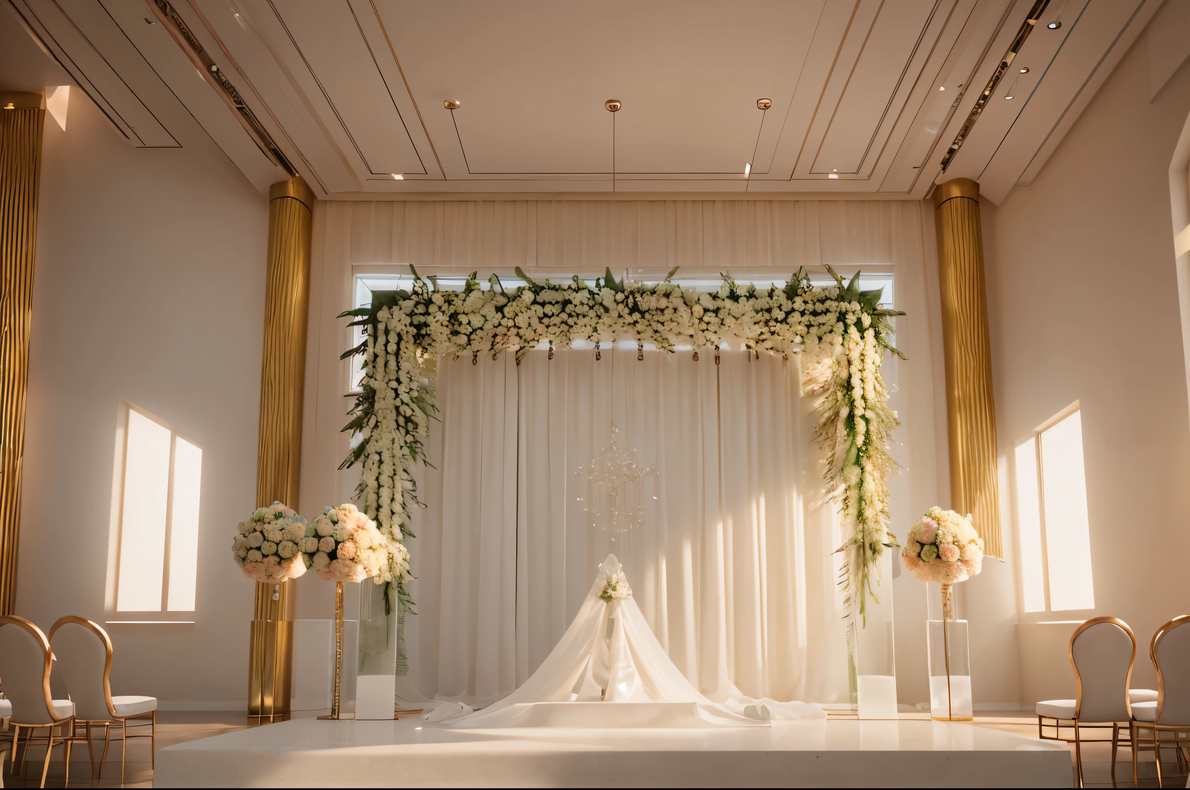 A contemporary 3D wedding stage, radiating a clean aesthetic with a central focus, adorned in white tones and subtle reflections, set in a venue with expansive windows allowing natural light, creating an atmosphere of purity and modernity, Illustration, employing digital art techniques with a focus on soft tones and gradients, --ar 16:9 --v 5