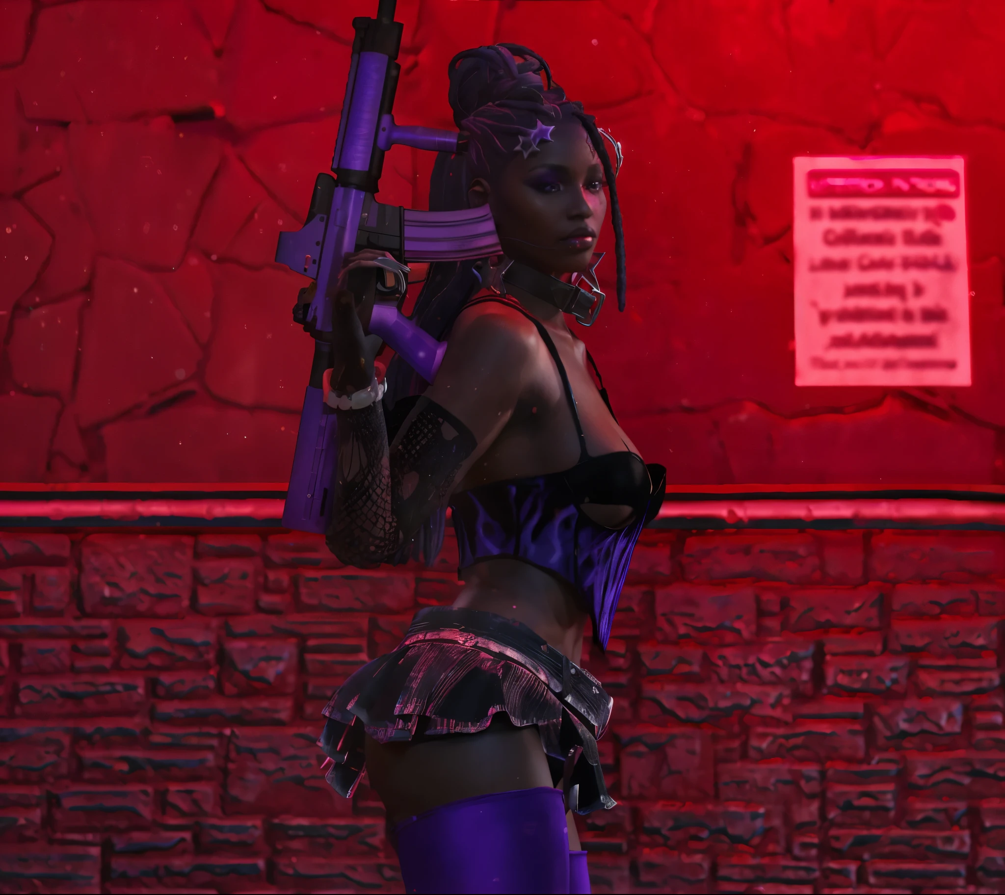 red light, red ambient, hot colors, perfect shadows, 8K, Realistic painting, 3d character, realistic picture, super realistic, purple hair braids, purple hair, of a african woman, african american woman, dark skin african woman, black eyes, sculptural body, fine details, very clean face, purple gun, purple hair, medium breasts and with large beaks, big bubum, black eyes, dark skin, glowy skin, makeup, purple eyeshadow, red lipstick, pink blush, glam makeup, black and white skirt, fishnet gloves, purple and black top, purple gun, feminine gun, star earrings, black nexk choker, purple star hair clip , bracelet, purple nails, purple high heel leg