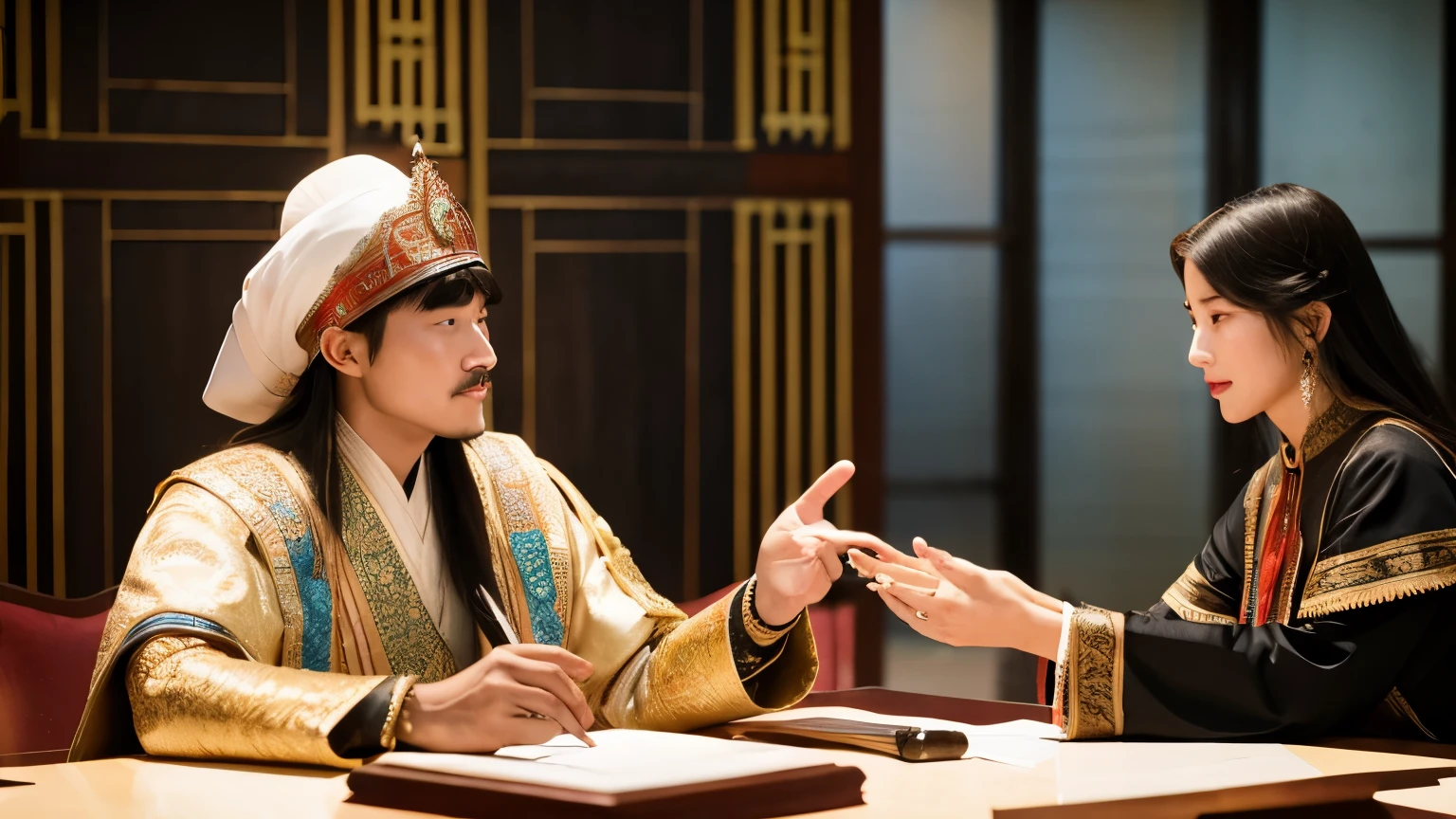 Create a visual representation of Genghis Khan practicing daughter diplomacy, portraying him negotiating with a king for the marriage of his daughter
