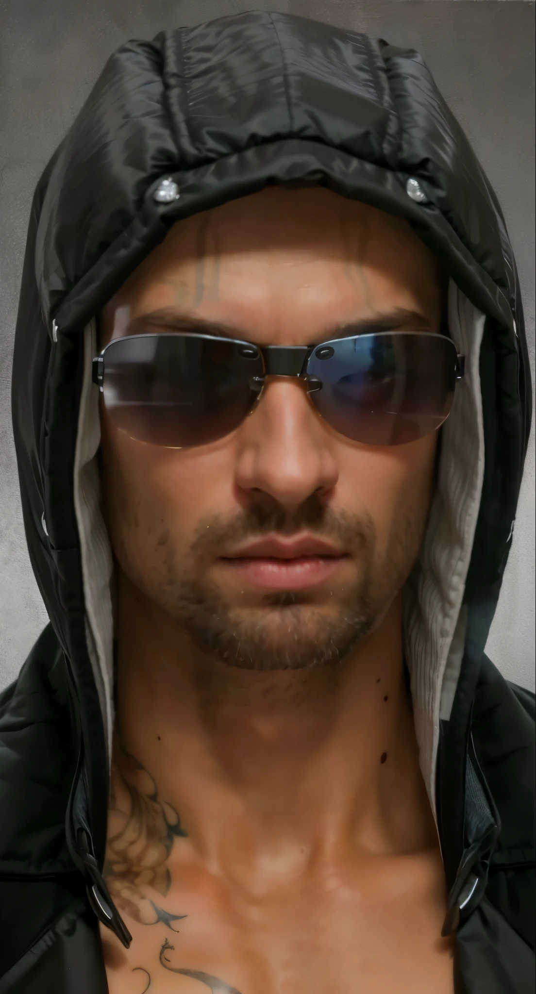 (masterpiece),(best quality:1.0),(ultra highres:1.0), closeup, 1 man , sexy man, face focus, shaved beard, blue eyes, lenses, hood, chest tattoo, wallpaper 8k, full body