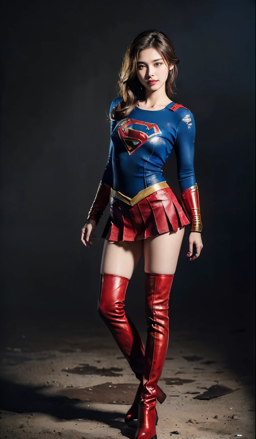 no background、short hair、supergirl costume、Snug costume、(((stretch your legs、tall、Legally express the beauty of your smile)))、((((Get the most out of your original images)))、(((supergirl costume、torn、Tattered、being destroyed)))、(((beautiful hair)))、(((I'm in pain)))、(((Legs must be worn with black tights)))、(((must wear red boots、being destroyed)))、((Highest image quality、8K))、((highest quality、8K、masterpiece:1.3))、(((keep background )))、clear focus:1.2、beautiful woman with perfect figure:1.4、Full of scars、bloody、full of blood、slender abs:1.2、wet body:1.5、Highly detailed face and skin texture、8K